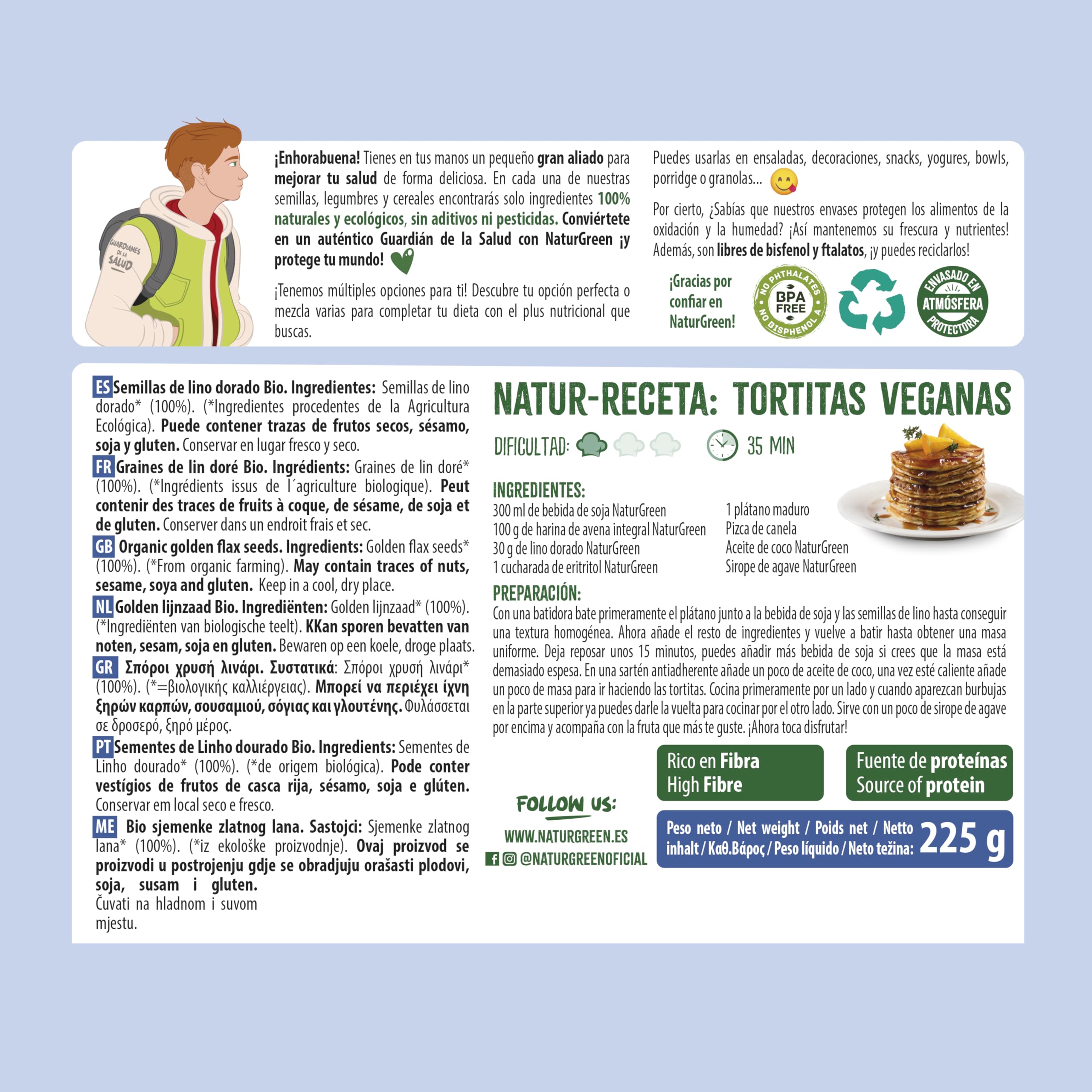 NaturGreen - Semillas de Lino Dorado Bio, Sin Gluten, 100% Vegetal, Ecológicas, Rico en Omega 3 y Fibra, Fuente de Proteínas, Sin Azúcares Añadidos, 225 g
