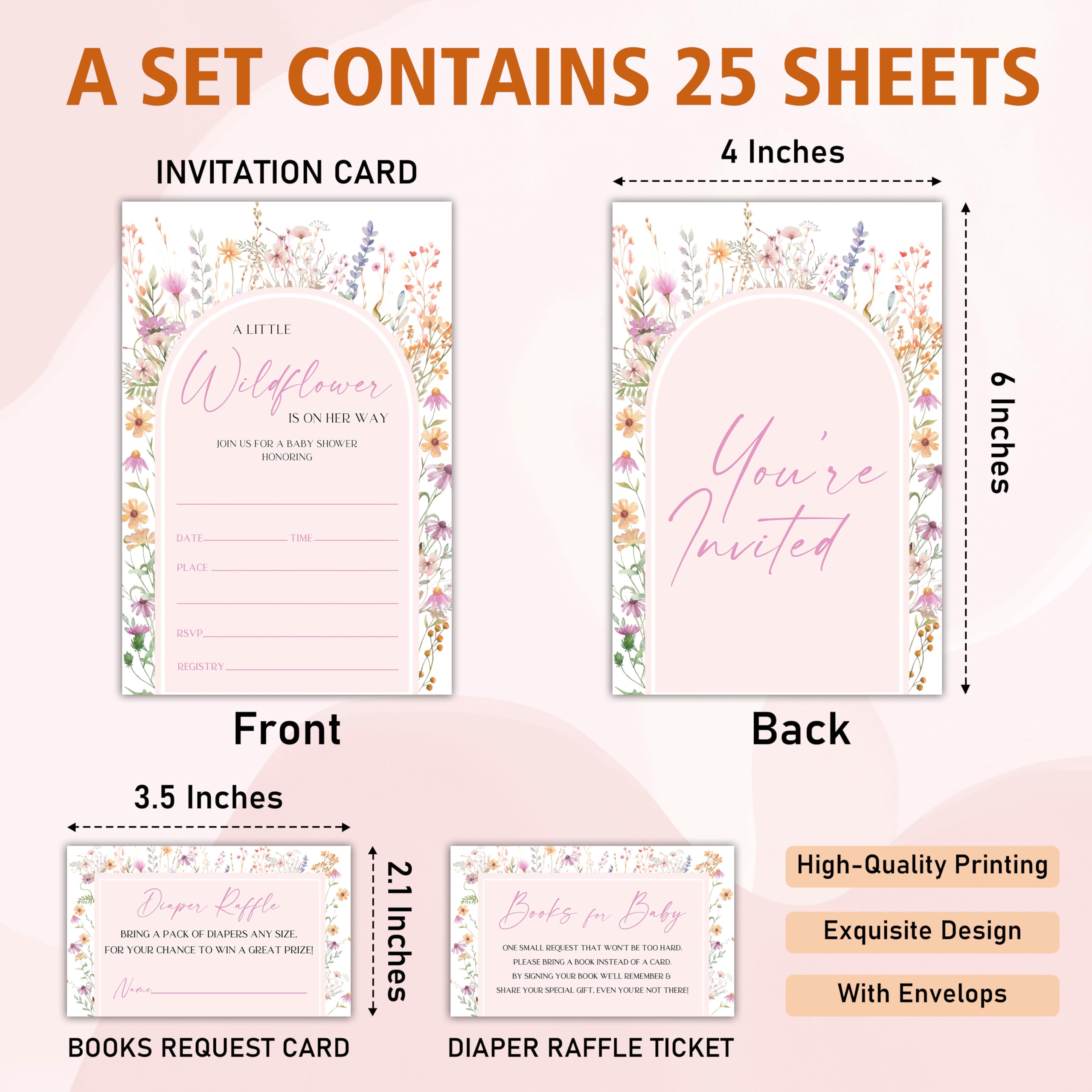 FTRZX Blush Pink Wildflowers Baby Shower Invitation Cards, Set Of 25 Diaper Raffle Card, Book Cards With Envelopes, Gender Reveal Party Invites, Gender Neutral Party Decorations, C03