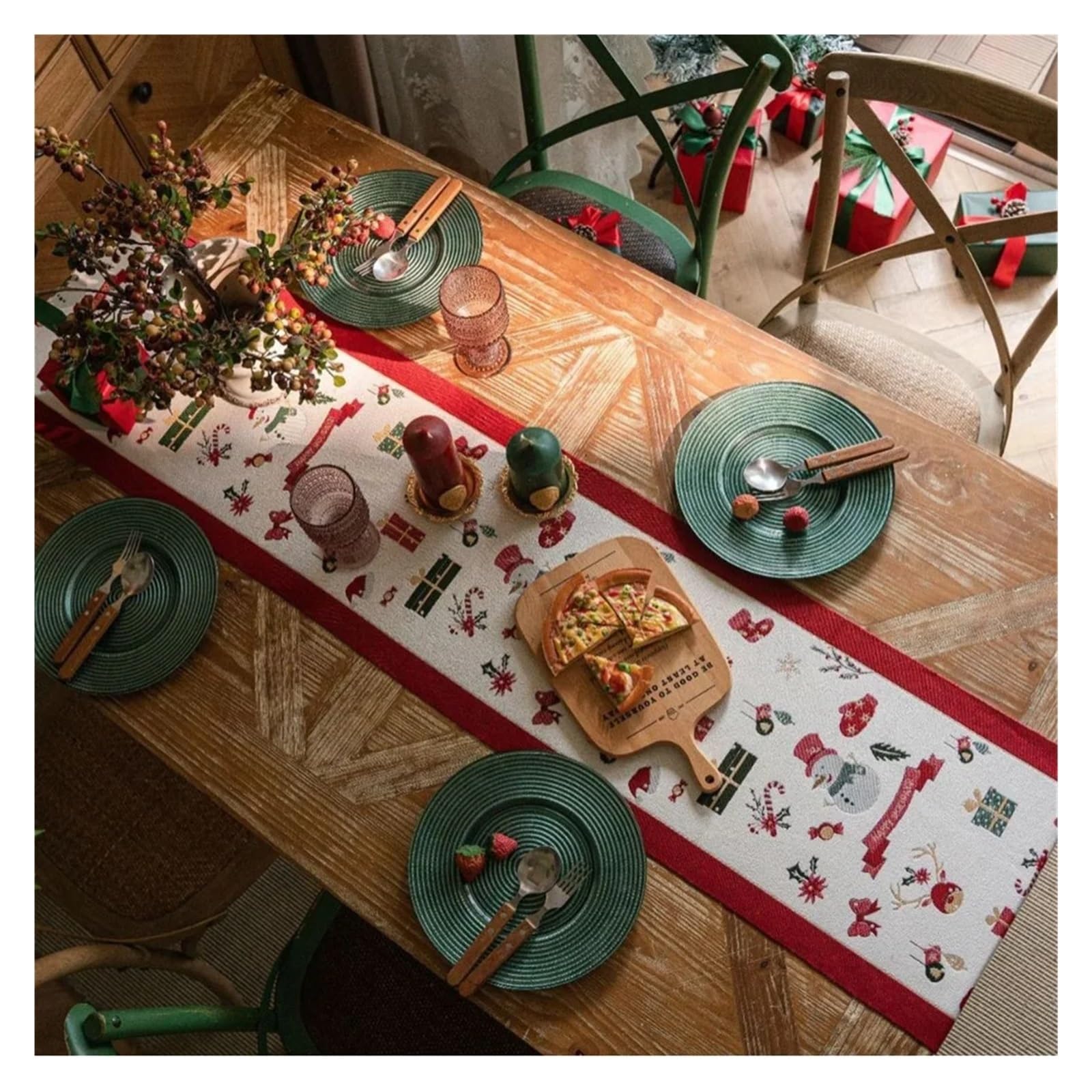manteles Mantel navideño con Estampado de muñecos de Nieve, Camino de Mesa con Estampado de Alces navideños con borlas, decoración de Mesa navideña for Fiestas en casa(Style C,35x350cm)