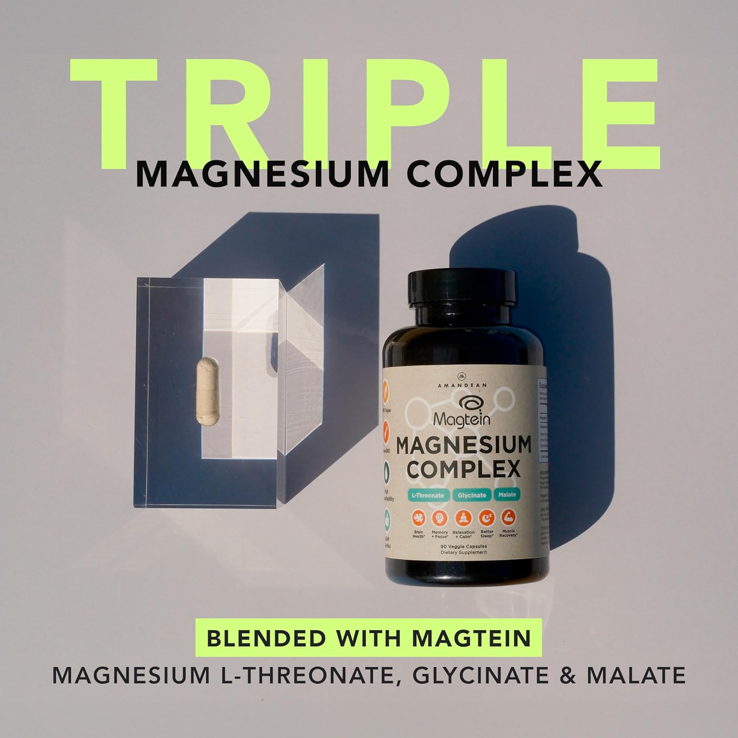 AMANDEAN Magtein Magnesium Complex. L-Threonate, Glycinate, Malate Triple Blend Chelated Magnesium Supplement. 90 Veggie Capsules. High Absorption Branded Ingredients. Brain Health, Sleep, Calm*. - Image 2