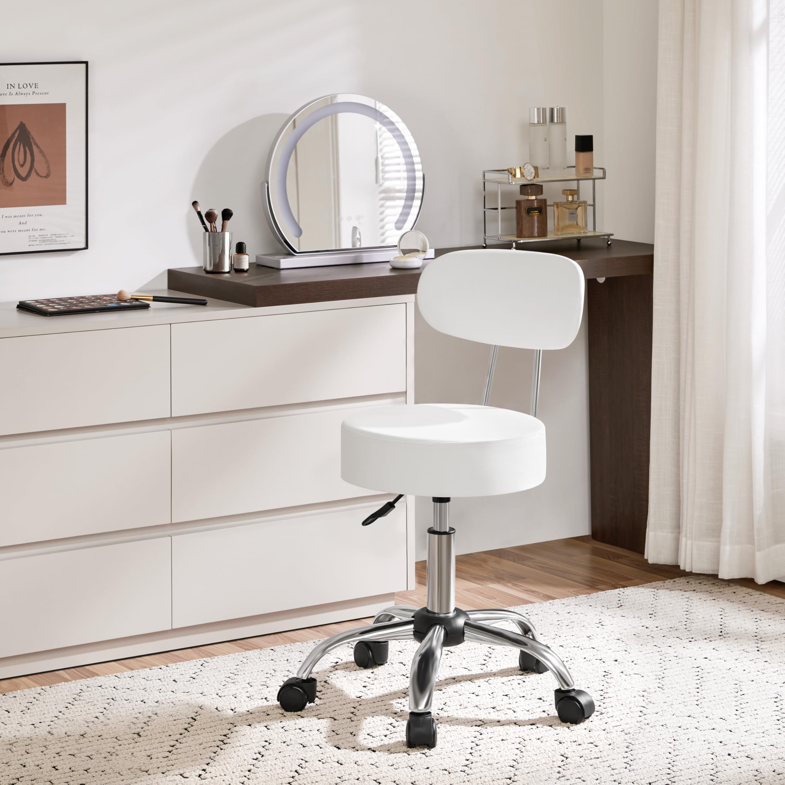 Tabouret de Bureau avec Dossier, Rotation 360°, Hauteur Réglable 75-84 cm, Siège Rembourrage 10 cm, Blanc