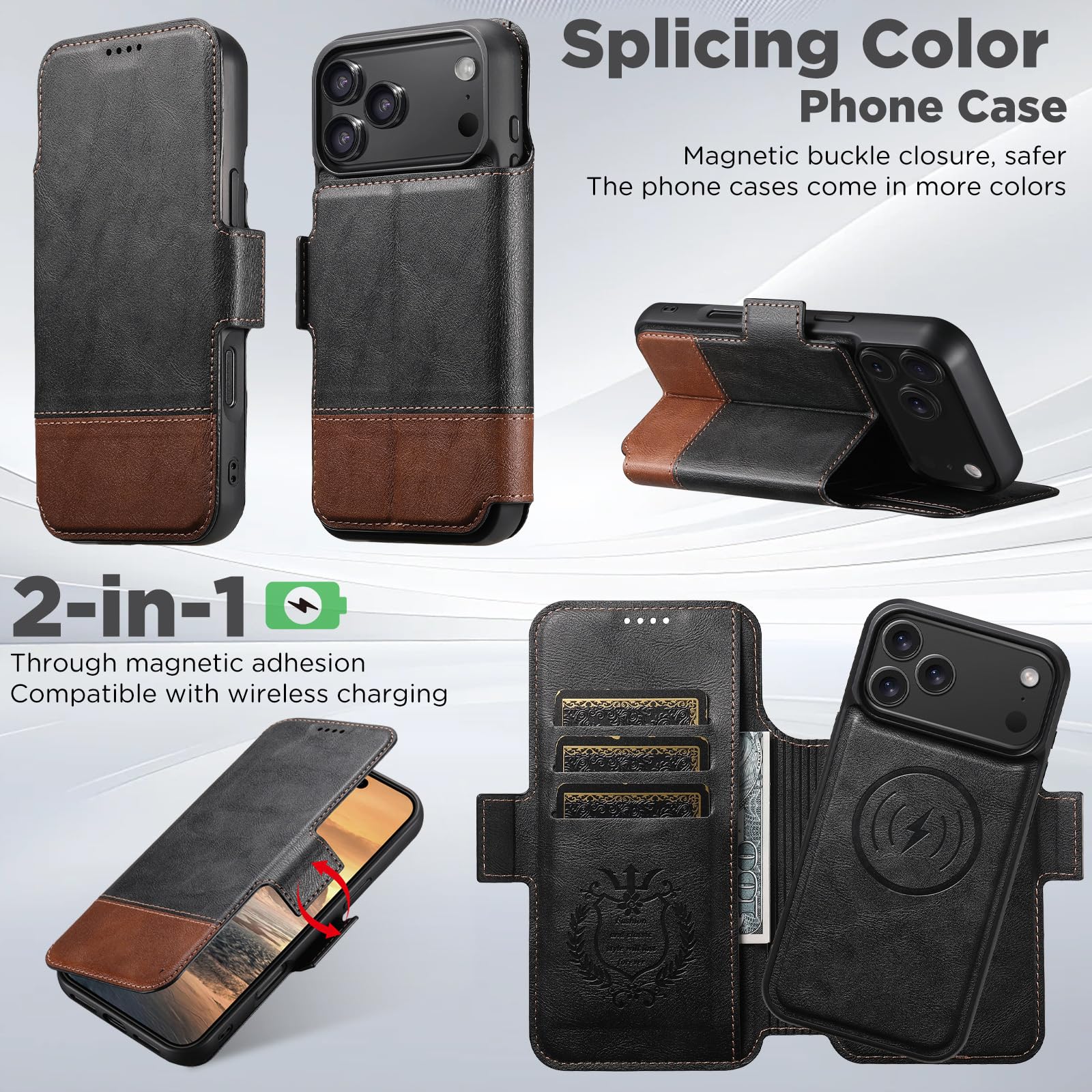Étui Portefeuille Pour Iphone 18 Pro Max/18 Pro, Magnétique Amovible Rabat