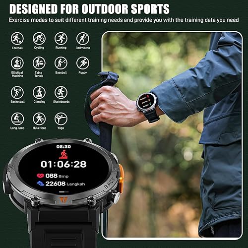 Miniatura 6 de Military Smart Watch for Men with LED Flashlight 3ATM Waterproof Tactical Smart Watch with 100+ Sport Modes 1.45 Fitness Tracker with Heart Rate