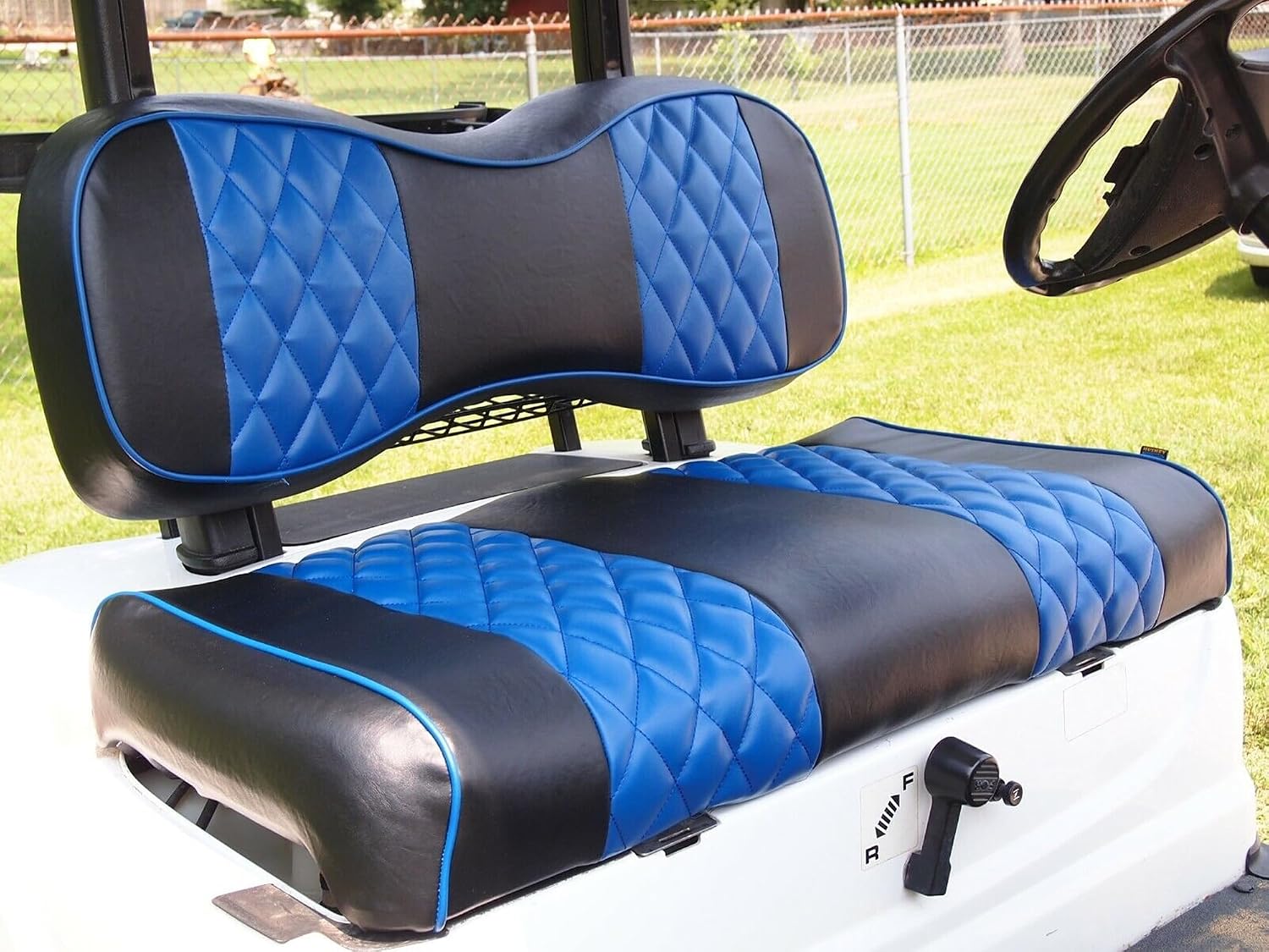 Huskey 4PCS Golf Cart Front/Rear Seat Covers for Club Car Precedent 2004+ G&E Models Custom Two-Tone Black/Blue Diamond Stitching with Blue Piping,Marine Grade Vinyl Material,Staple On Design