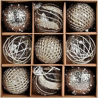 9 PCS Champagne Shatterproof Christmas Ornaments - 3.15 Inch Glitter Sequin Hanging Balls | Plastic Decor for Xmas Tree, Holiday Party, Wedding