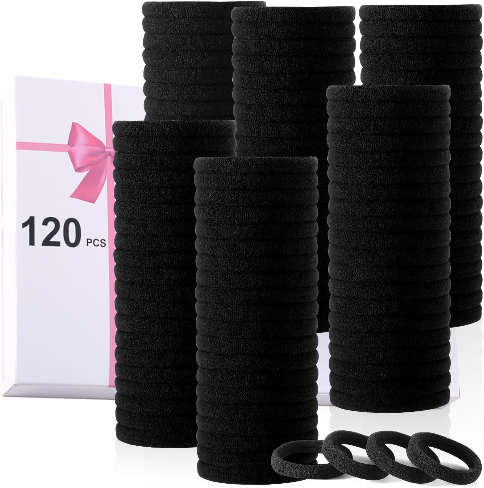 LuSeren 120PCS Black Hair Ties for Thick Hair – Seamless No Damage Elastic Ponytail Holders, Black Hair Band,Bulk Nylon Hair Elastics for Women