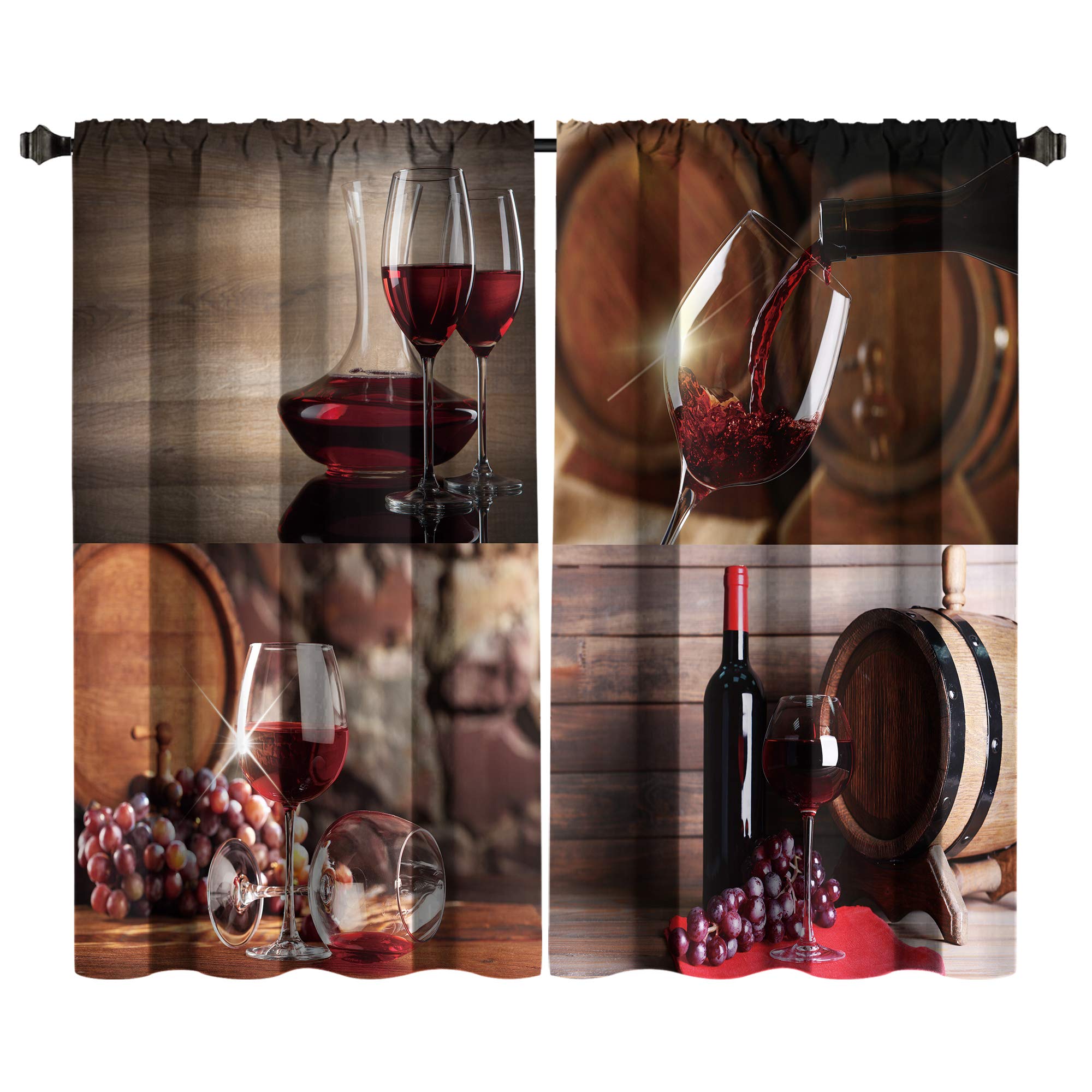 Famiffty Tende Da Cucina Color Vino Rosso 70x94 Cm - 2 Pannelli Con Tasca, Stile Vintage Con Uva E Bicchieri