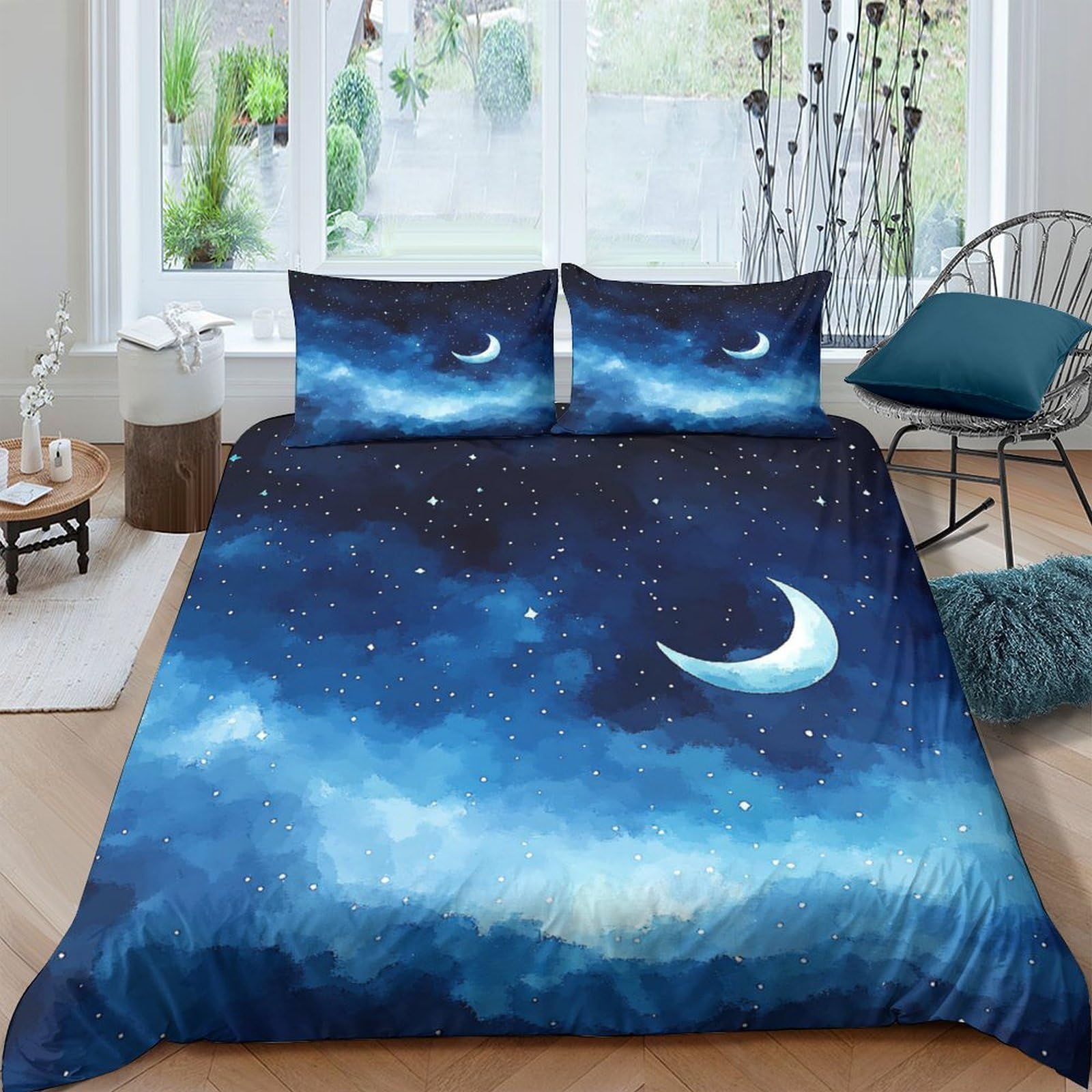 Ctjqhvkz Style-9 3D Printed Night Sky Fitted Sheet Microfiber Soft Blue Moon Cloud Mattress Cover For Bedroom Dorm Home Decor Single（135X200cm）