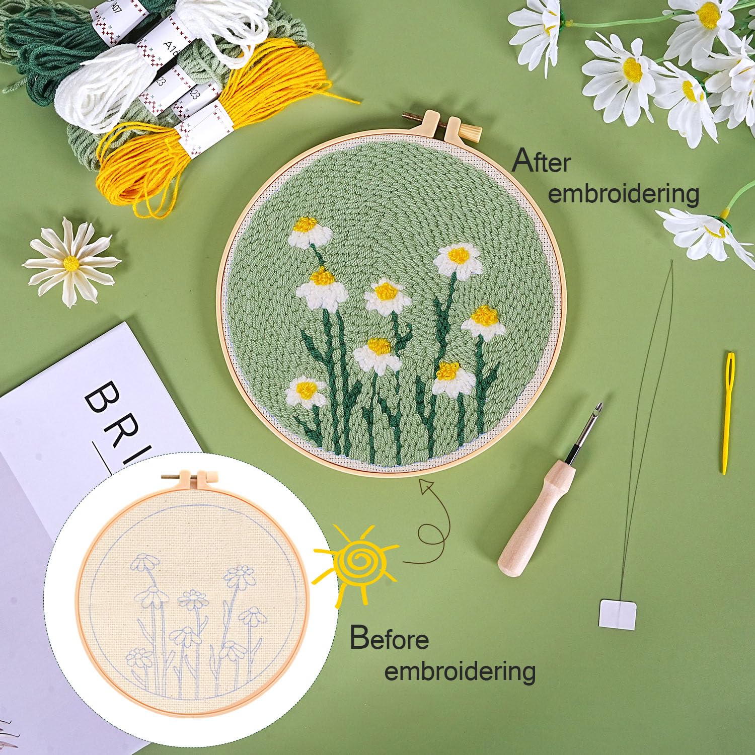Amazon | パンチニードル刺繍スターターキット、デイジーフラワー