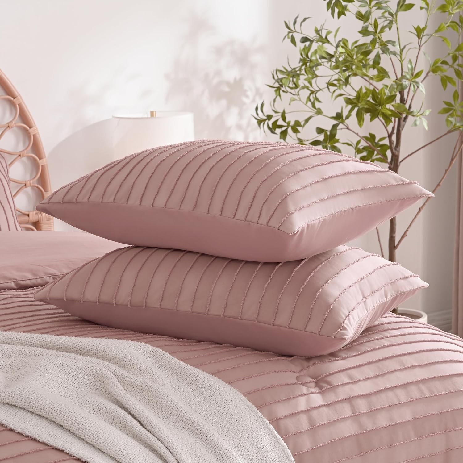 JELLYMONI Pillowcases Standard Size Smokey Pink 2 Pack Boho Striped Bed Pillow Covers 20x26in Polyester Envelope Pillow Shams Tufted Bohemian Textured (Pillows are not Included) Smokey Pink 26" x 20" (Pack of 2)