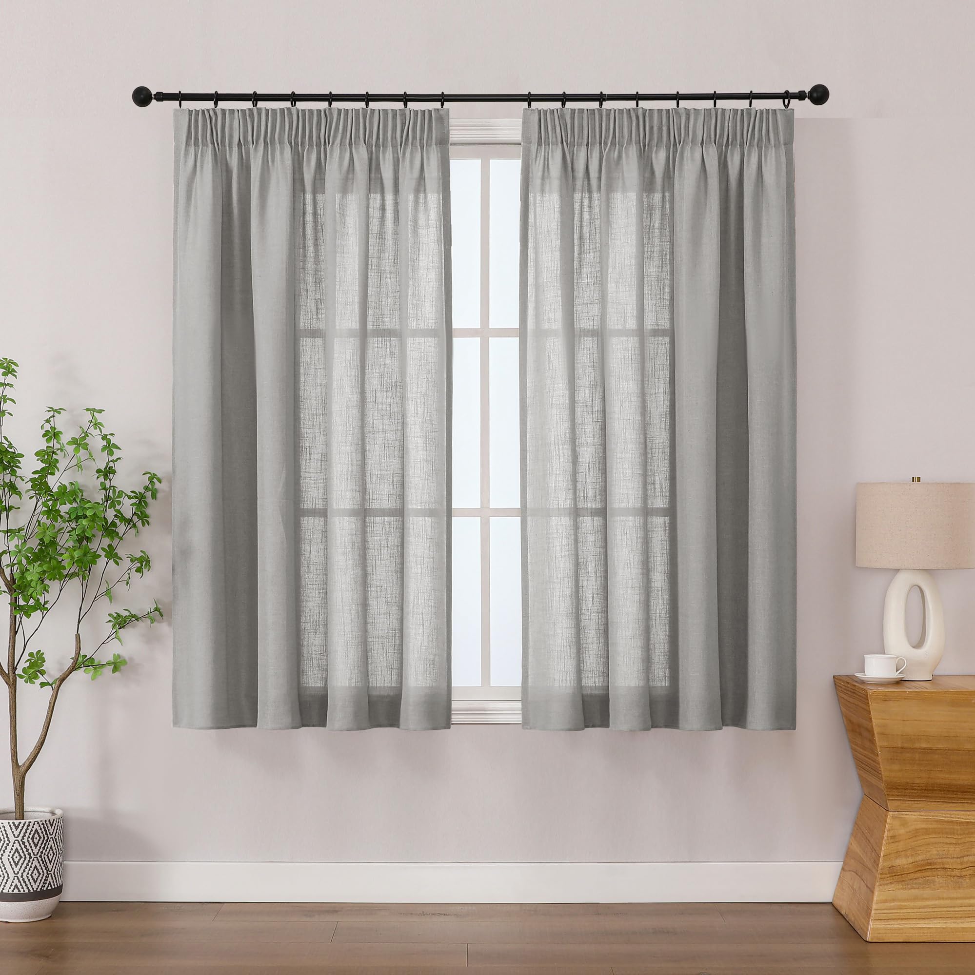 Simplebrand Charcoal Gray Linen Blend Pencil Pleat Curtains, Light Filtering Semi-Sheer Textured Window Drapes for Privacy, 2 Panels for Kitchen, Bathroom Window & RV Camper, W140 x L122 cm