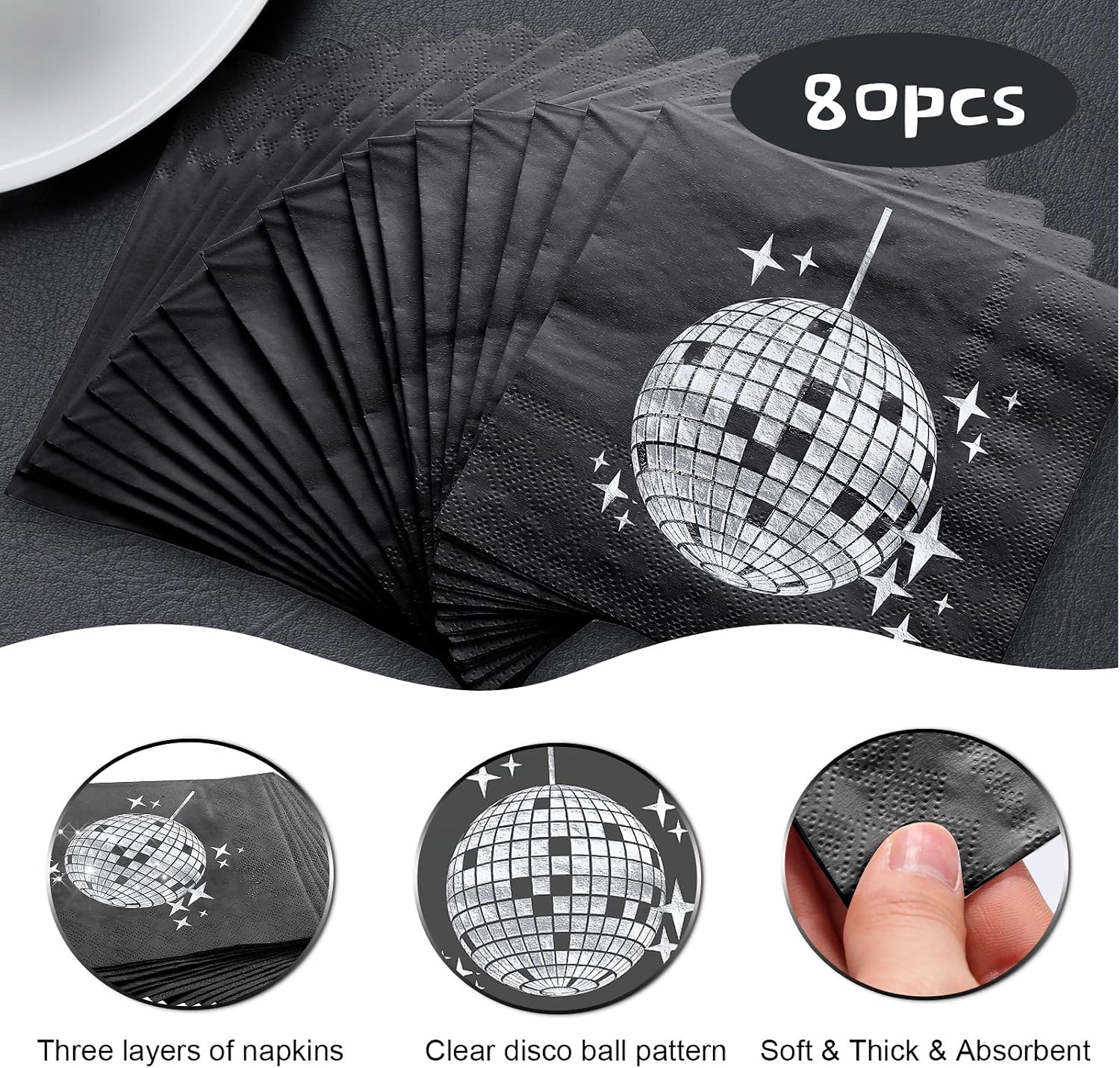 80 Pack Disco Party Napkins Cocktail Napkins 70s 80s 90s Gathering Supplies Disposable Disco Ball Paper Cocktail Stylish for Christmas Party Favors(Black)