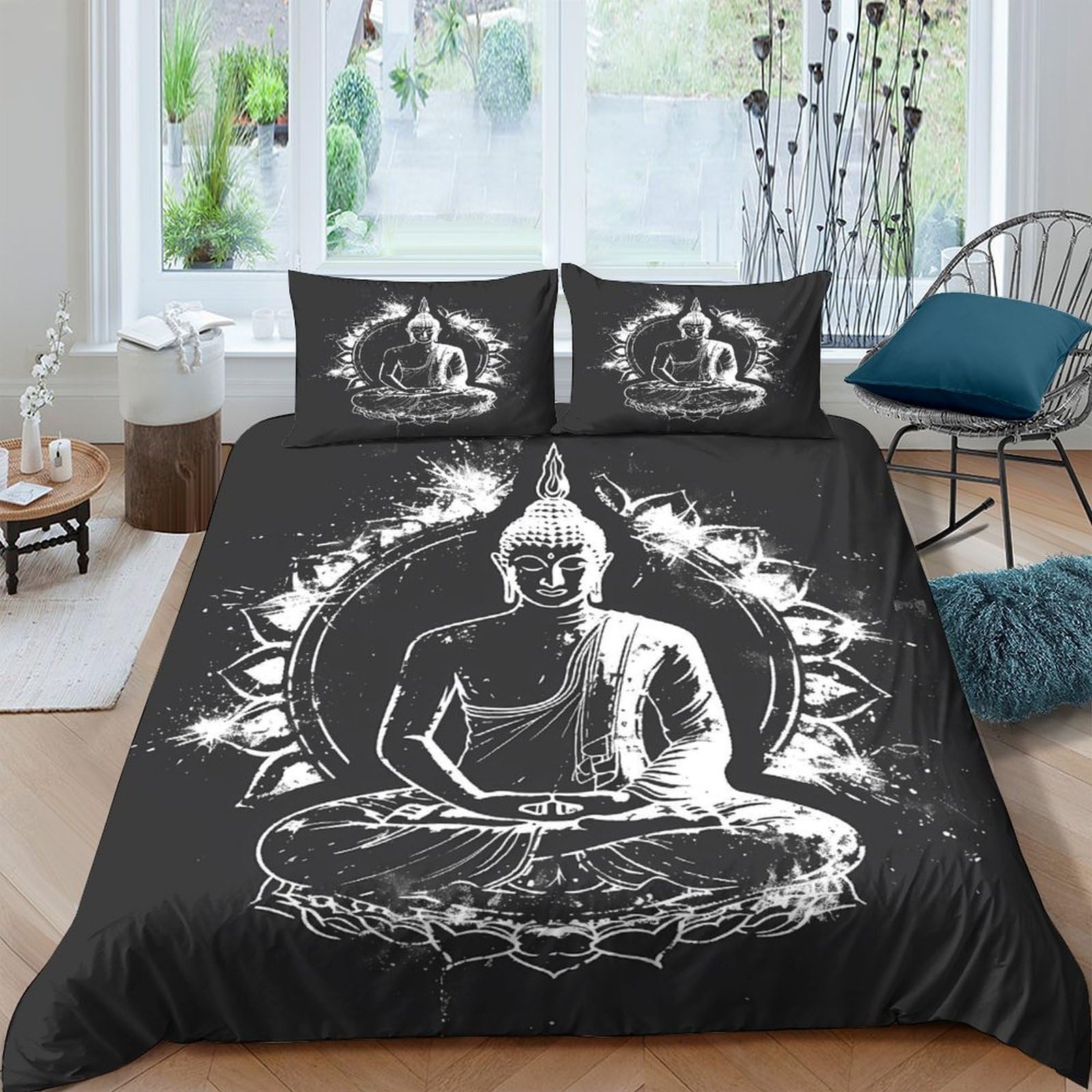 GPLZQXKJNH 3D Printed Black Buddha Duvet Cover Microfiber Soft Breathable Mandala Bedding Set with 2 Pillowcases for Bedroom Decor Single（135x200cm）