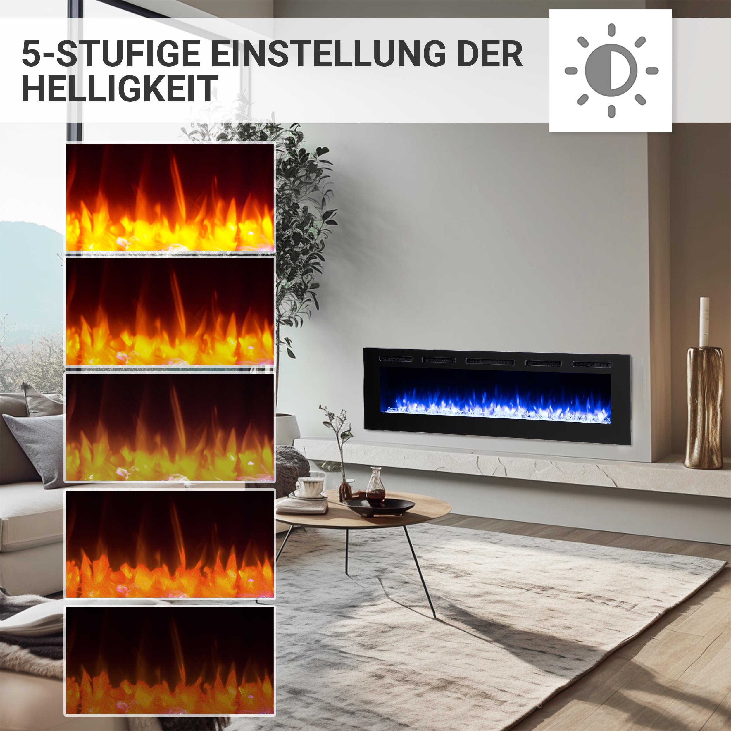 BALDERIA Elektrischer Einbaukamin Fiamma 68" Schwarz | 3D-Flammeneffekt, Heizung 2000W, LED-Beleuchtung, Kamin mit Fernbedienung, Timer, Startsteuerung & Thermostat
