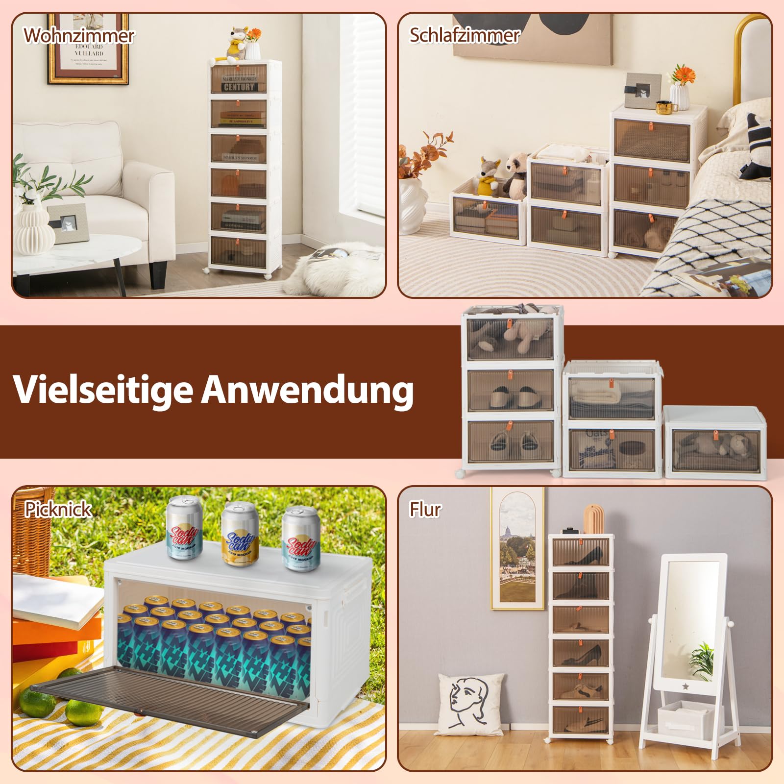 GOPLUS Aufbewahrungsbox mit Deckel, Stapelbare Ordnungsbox mit Türen, Transparent Klappbox mit Rollen, Schuhboxen Ordnungsboxen für Wohnzimmer & Schlafzimmer (6 Ebenen)