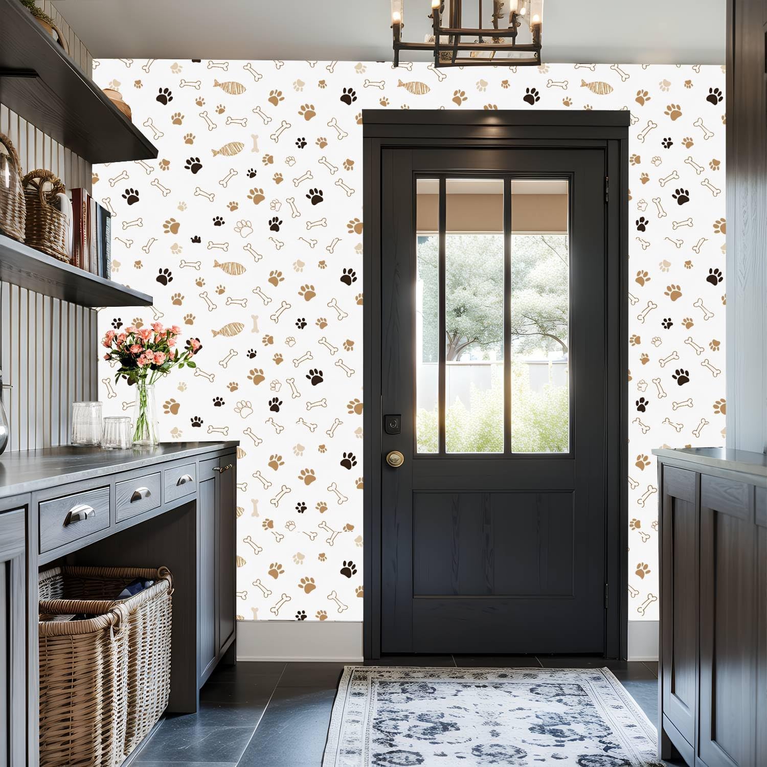 Peel and Stick Wallpaper Wall Decor Contact Paper Removable Wall Paper Cute Paw Prints Bones Warm Earth Tones for Classroom Bedroom Desk Cabinets Drawers Kitchen