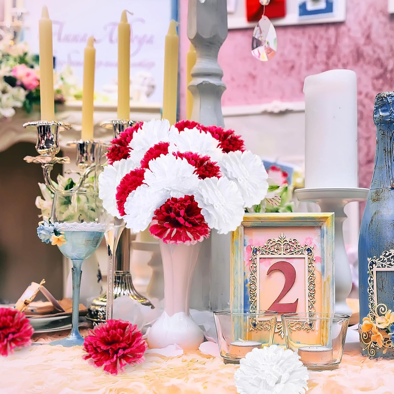 Tigeen 120 Pcs Silk Carnation Flower Artificial Carnations Fake Carnations Artificial Flowers Head for Wedding Decoration, DIY, Funeral Arrangements Wreaths Diameter 3.5'' and 6'' Stem (Red, White)