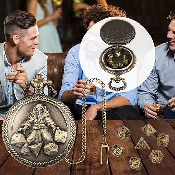 Mini DND Dice Set, Hand held Dice Wizard Pocket Watch Shell Case, 7 Piece Polyhedral Metal D&D Dice Set, DND Gifts with Gift Box, Role Playing Board Game Accessories, Bronze
