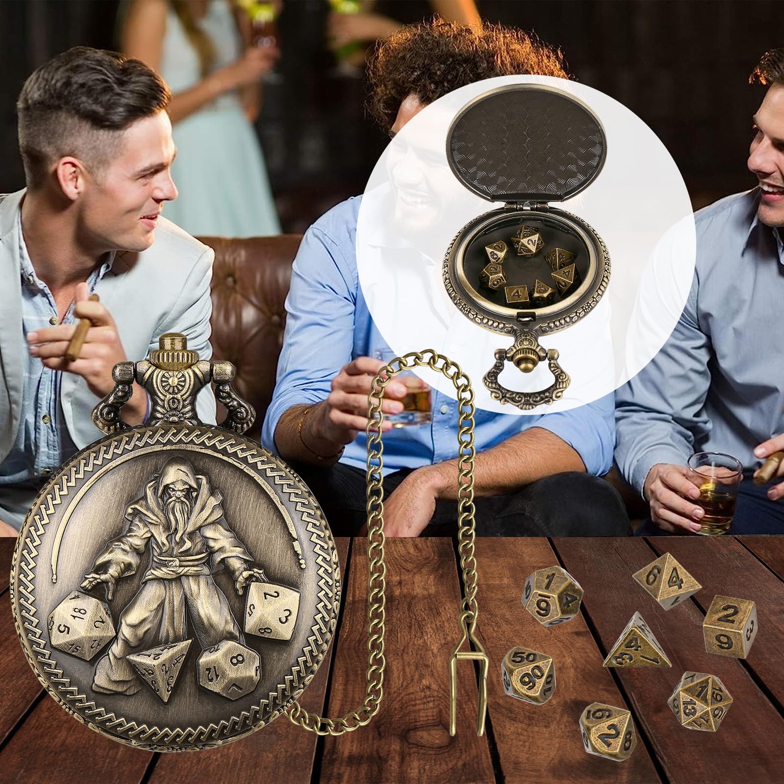 Mini DND Dice Set, Hand held Dice Wizard Pocket Watch Shell Case, 7 Piece Polyhedral Metal D&D Dice Set - Image 4