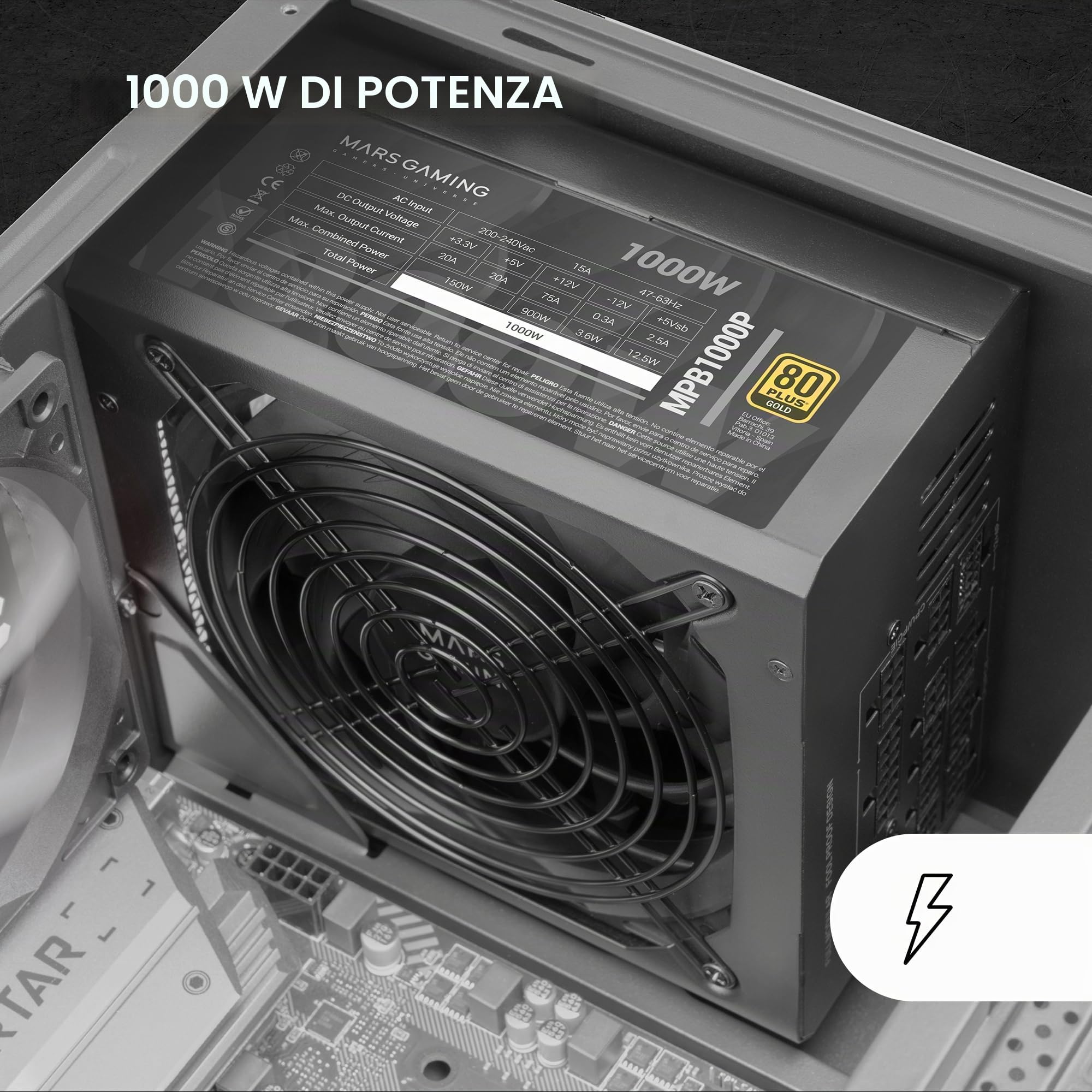 Mars Gaming MPB1000P, Alimentatore Modulare ATX 3.1 1000W, 10 Anni di Garanzia, 80Plus Gold, Ventola 140mm AI-RPM, Condensatori Giapponesi, Supporto PCIe 5.1 e APFC, Tecnologia DC-DC e SMD, Nero