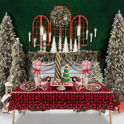 Miniatura 8 de Mantel de plástico a cuadros de búfalo rojo, diseño de copos de nieve, mantel de Navidad para fiesta de cumpleaños, rectangular, 54 x 108 pulgadas