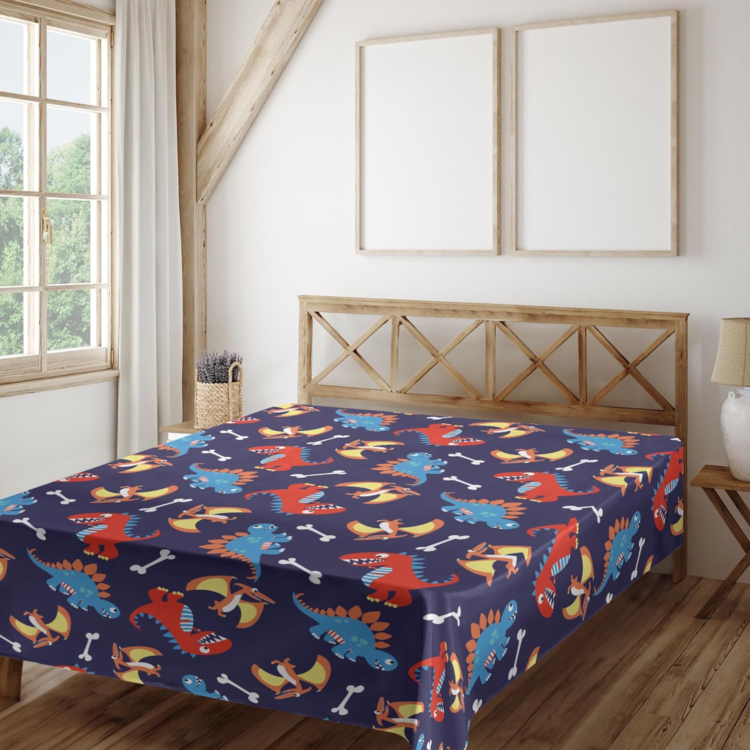 Ambesonne Dinosaur Flat Sheet, 3 Different Cartoon Dinosaurs Funny Expressions and Bones Theme, Soft Comfortable Top Sheet Decorative Bedding 1 Piece, Full Size, Navy Blue Orange Red