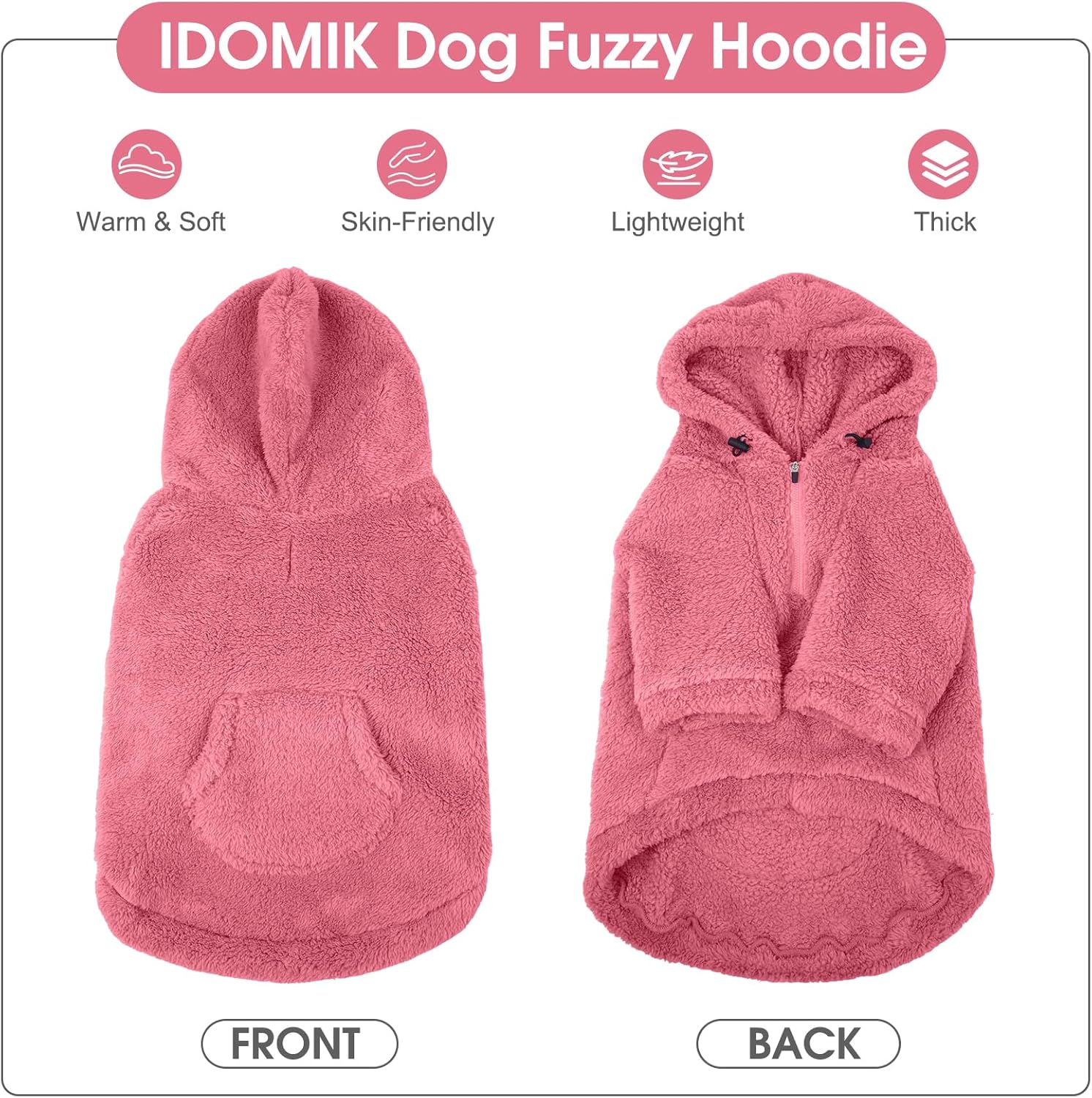 IDOMIK Fuzzy Dog Sweater with Adjustable Hood, Warm Fleece Dog Sweater Hoodie with Harness Hole & Pocket, Pullover Sweaters for Small Dogs, Fuzzy Hooded Sweatshirt for Fall Winter Christmas,Pink,XS