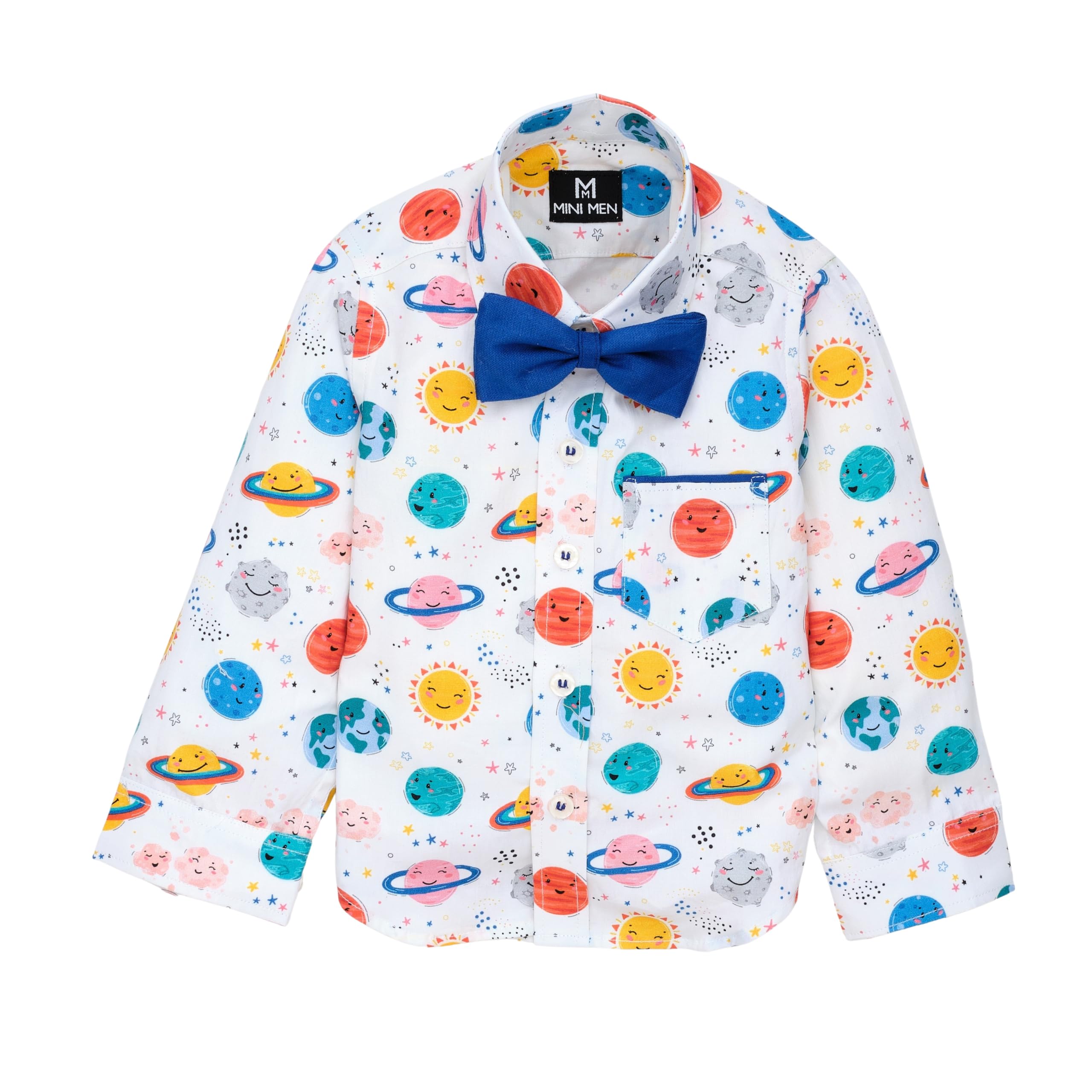 MINI MEN Colorful Bow Tie Fullsleeves Space Explorer - Planets Printed Junior Boys Multicolor Shirt for Birthday Button Down Shirt