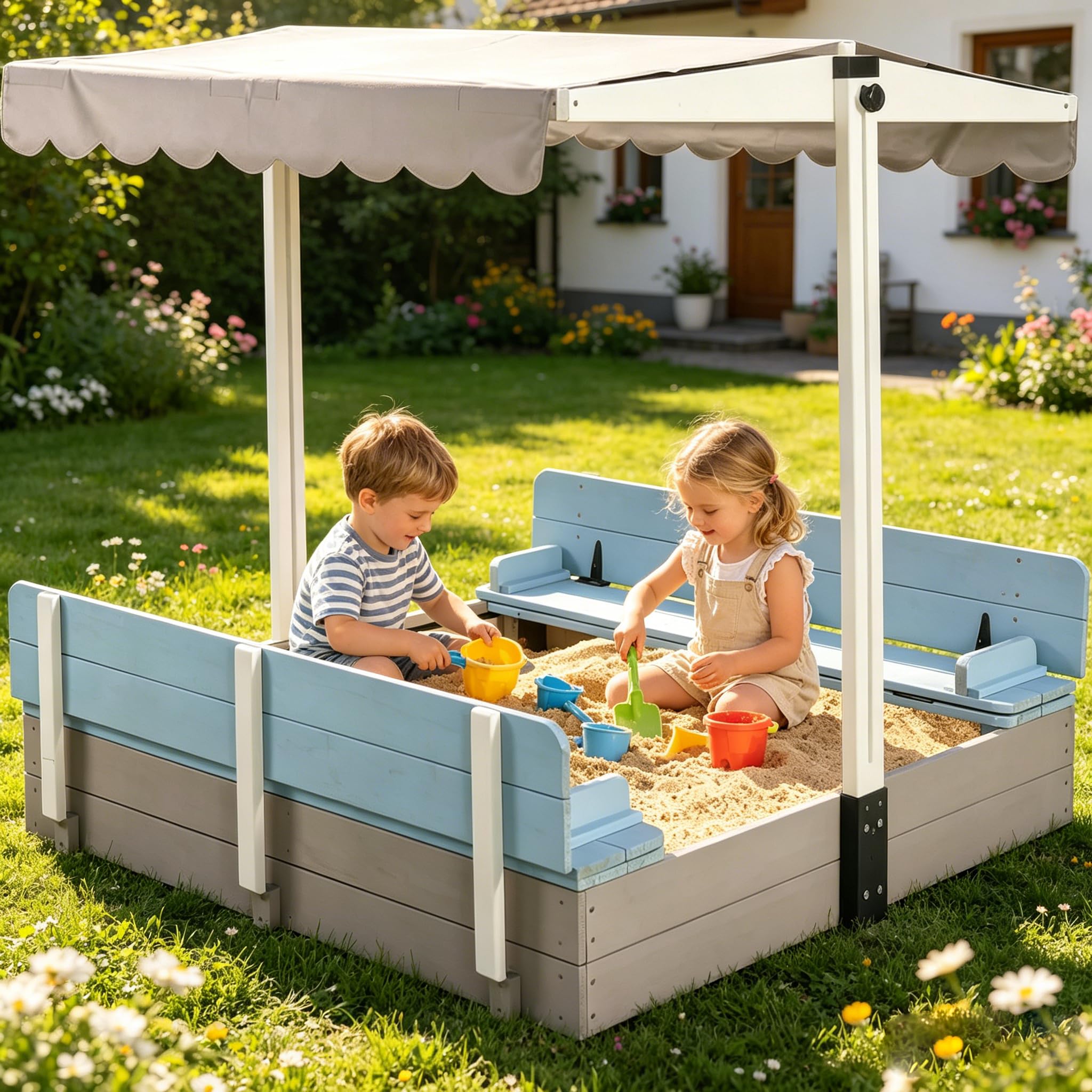 Aivituvin Sandbox with Lid and Cover for Kids Outdoor Wood Sand box with 2 Foldable Bench Seats, Adjustable Canopy and Sand Protection Liner, 47.2"L x 47.2"W x 51.9"H