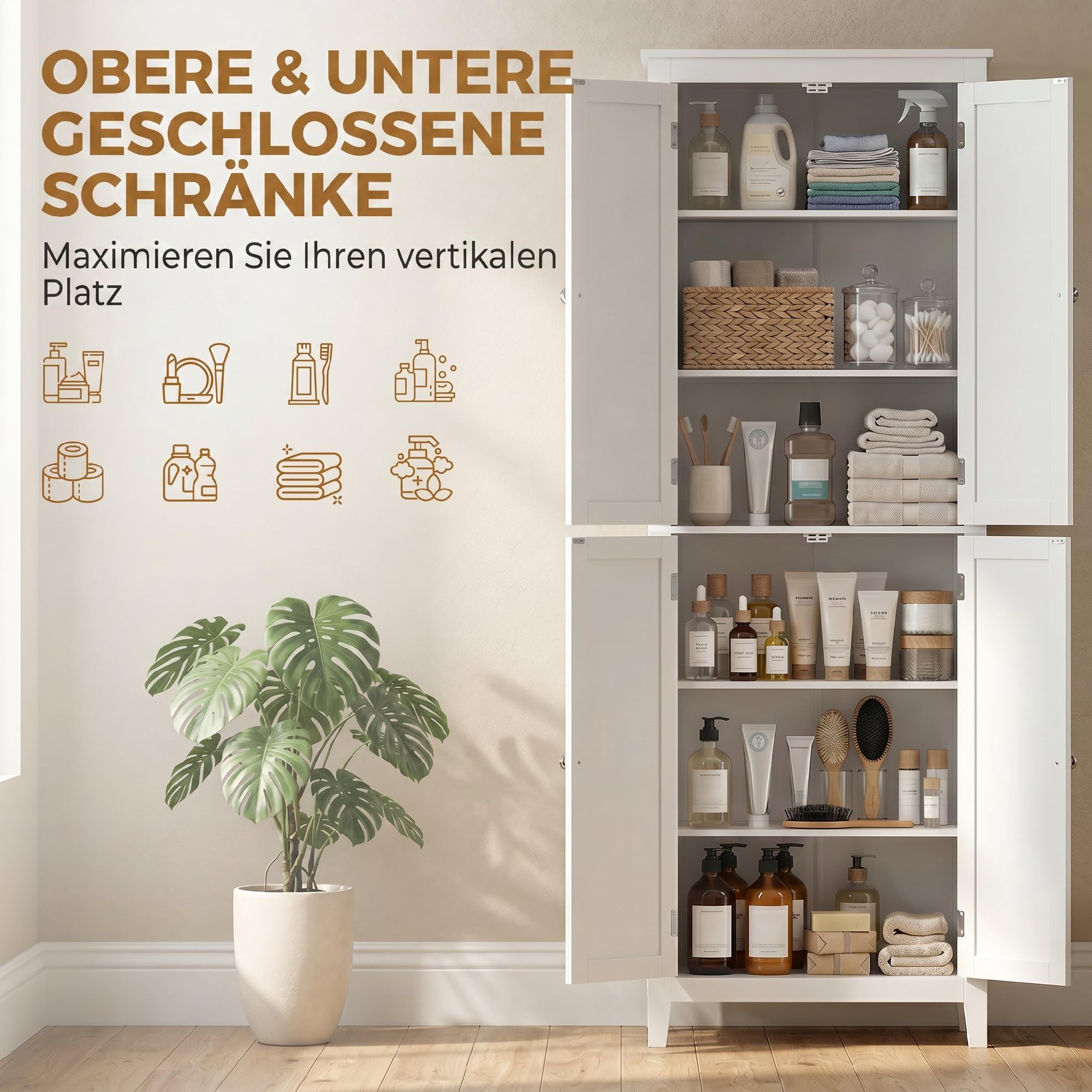 HOMCOM Badezimmerschrank mit Türen für Wohnzimmer 60 x 30 x 170 cm Weiß