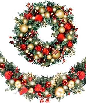 WANNA-CUL Pre-Lit Christmas Wreath and Garland for Front Door with 50 Led Lights,Luxury Red Gold Theme