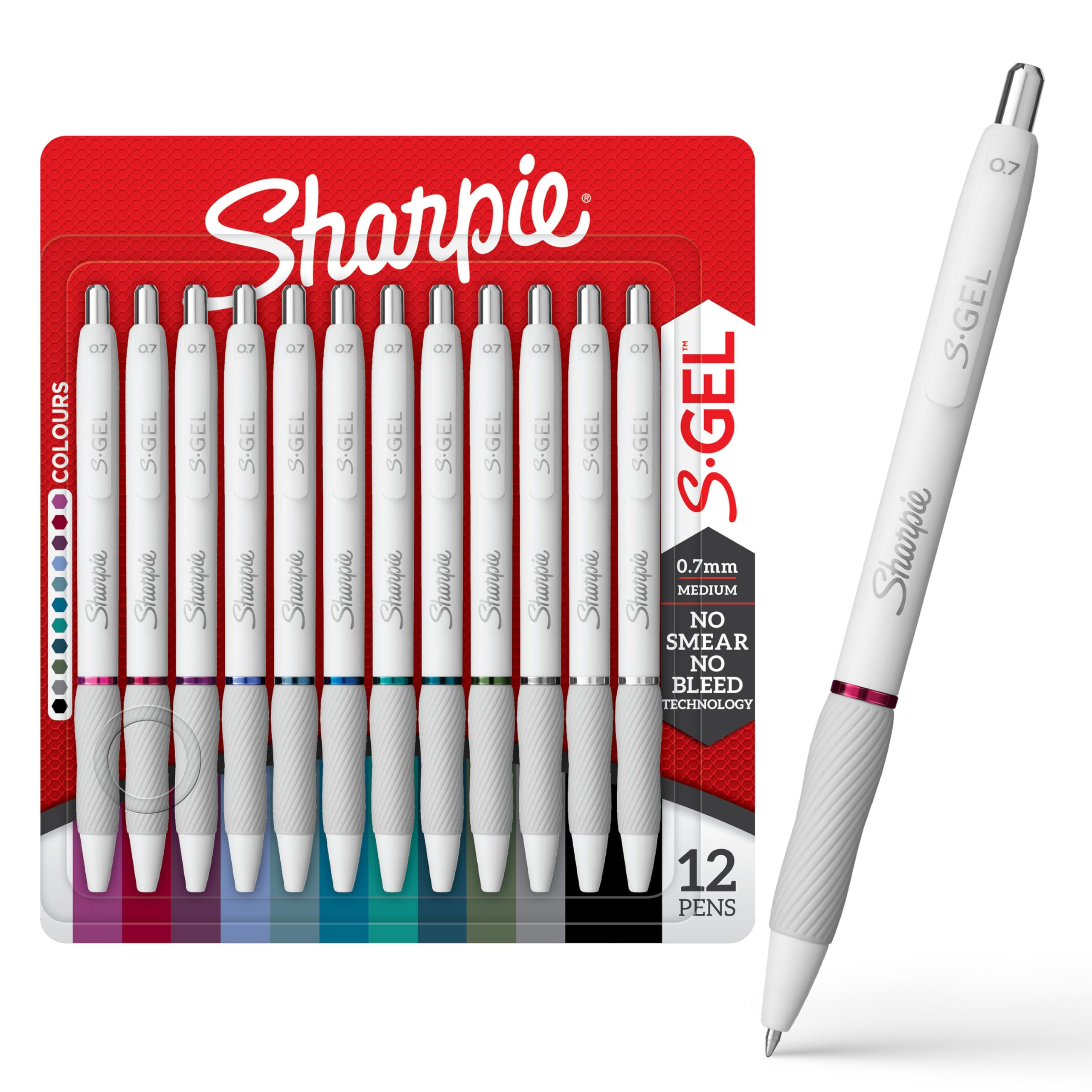 Sharpie S-Gel Pens, Fashion Barrel Gel Pens, Pearl White Body, Medium (0.7mm) Point, Bold Ink Colors, 12 Count