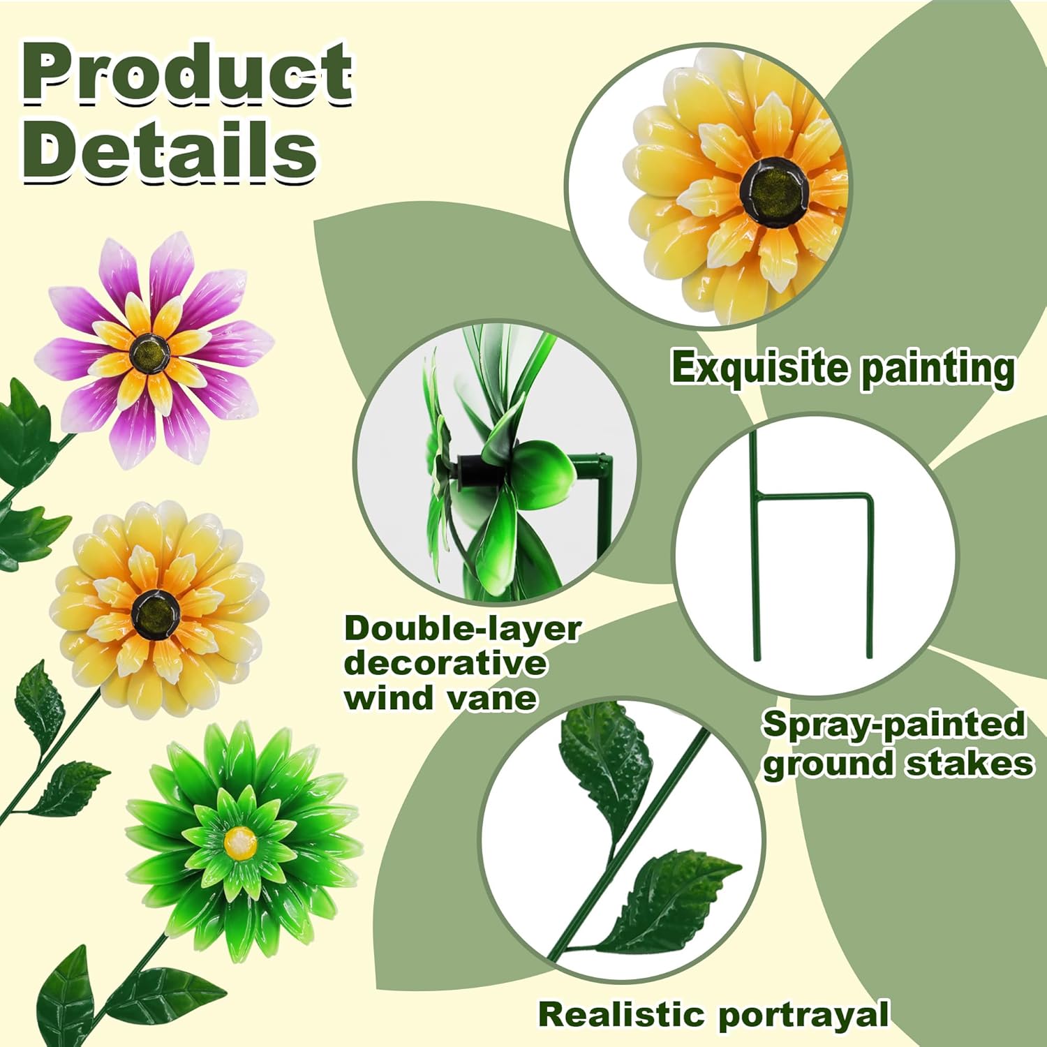 3 Pack Metal Flower Wind Spinners, Kinetic Garden Stakes with H-Base, Colorful 3D Floral Windmills for Yard, Patio, Lawn, and Pathway Decor (Yellow, Green, Purple)