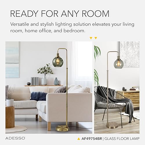 Miniatura 3 de Adesso Globe - Lámpara de pie de cristal ahumado con acabado de latón antiguo, 60 pulgadas de alto, base compacta de 10.5 pulgadas de ancho