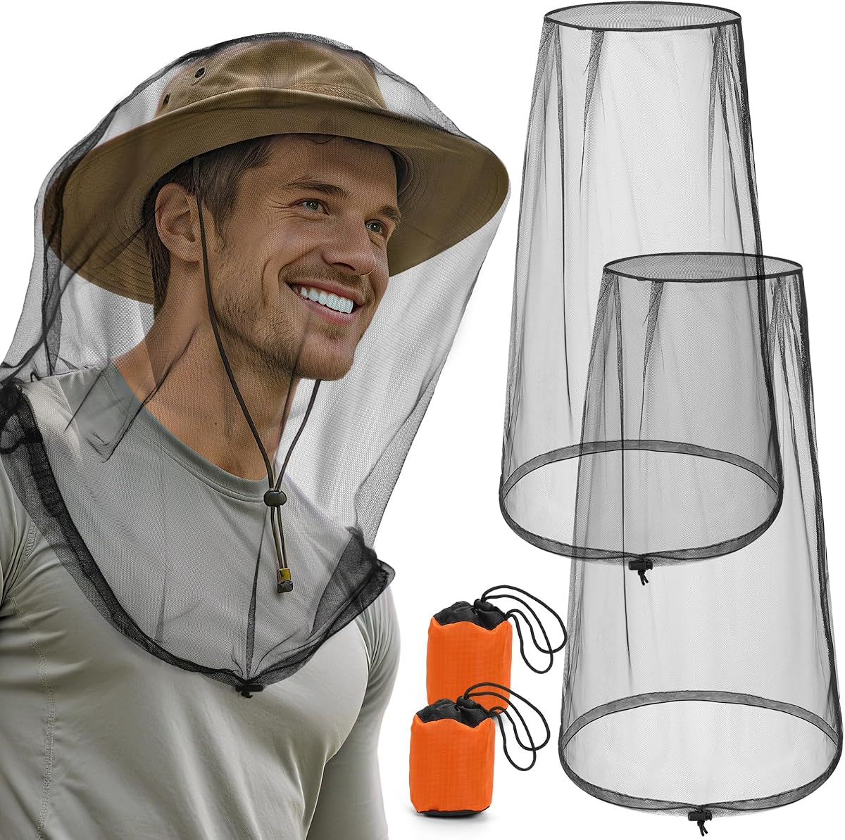 Paquete de 2 mosquiteras premium para cabeza, mosquitera ultra grande para cabeza | Cordón ajustable, malla transpirable, ajuste universal para sombreros, mosquitera para hombres y mujeres, esencial para exteriores, negro