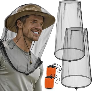 Pmxary 2 Pack Mosquito Head Nets - Breathable Ultra-Fine Mesh Bug Net Hats with Drawstring, Full Head & Neck Protection for Outdoor Hiking Camping Fishing Black