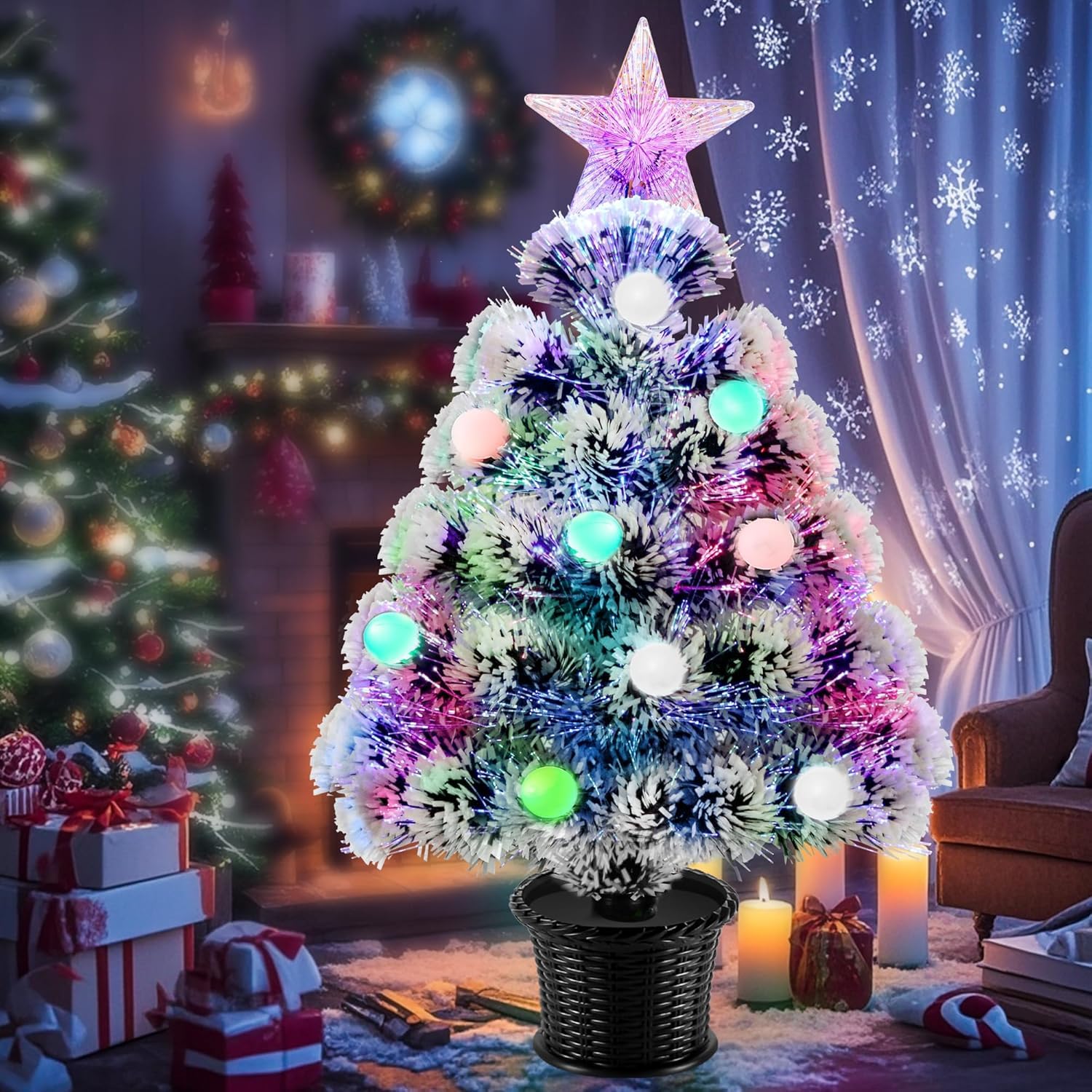 24 Xmas 56cm Kleiner Glasfaser-Weihnachtsbaum, künstlicher Mini-Baum, beleuchteter Tisch-Weihnachtsbaum mit RGB-Kugeln, Stern, Kleiner künstlicher weißer Weihnachtsbaum-Dekoration