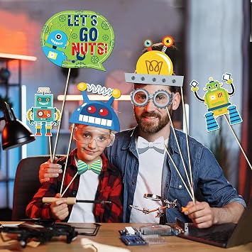 25Pcs Robot Photo Booth Props with Stick, Birthday Theme Selfie Props, Robotics Party Supplies, Kids Photography Backdrop Decorations