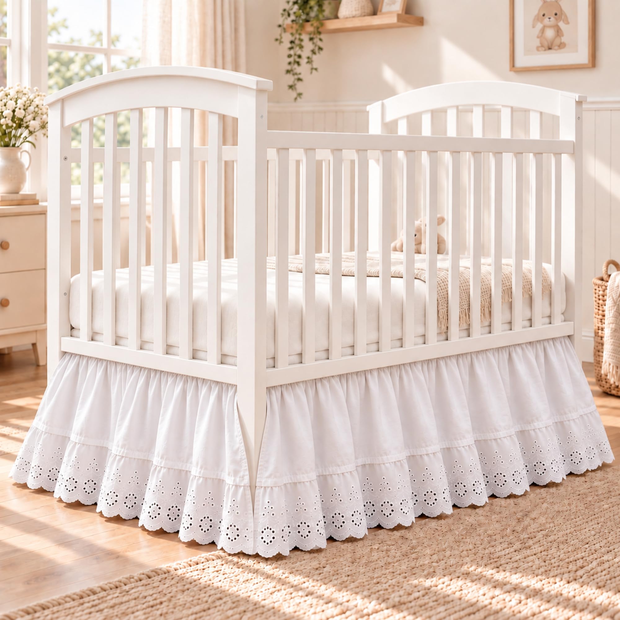Hahafelt White Crib Skirt for Baby Girls Boys, 100% Washed Cotton Bed Skirt