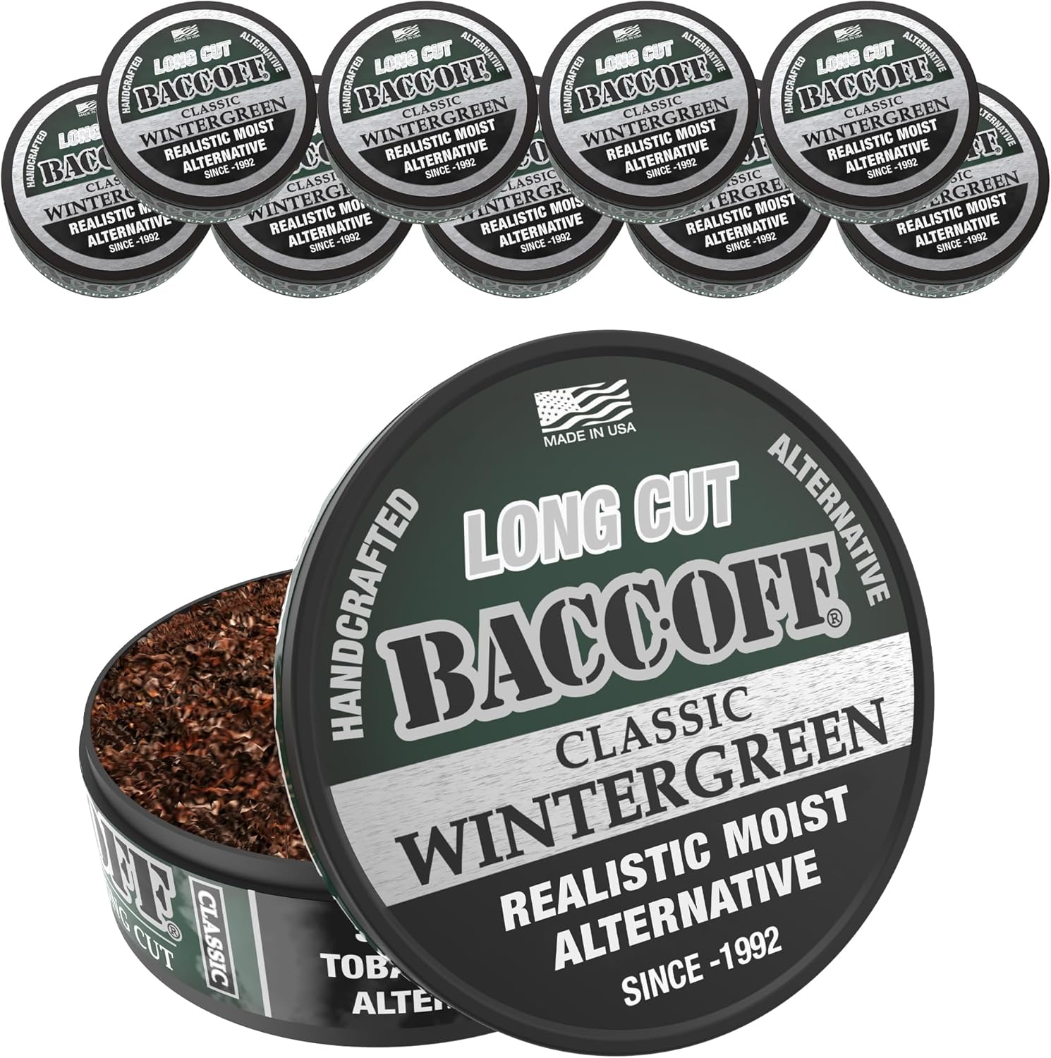 10 Cans, BaccOff, Classic Wintergreen Long Cut, Refreshing and Strong Wintergreen Flavor, Realistic Moist Alternative