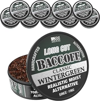 10 Cans, BaccOff, Classic Wintergreen Long Cut, Refreshing and Strong Wintergreen Flavor, Realistic Moist Alternative