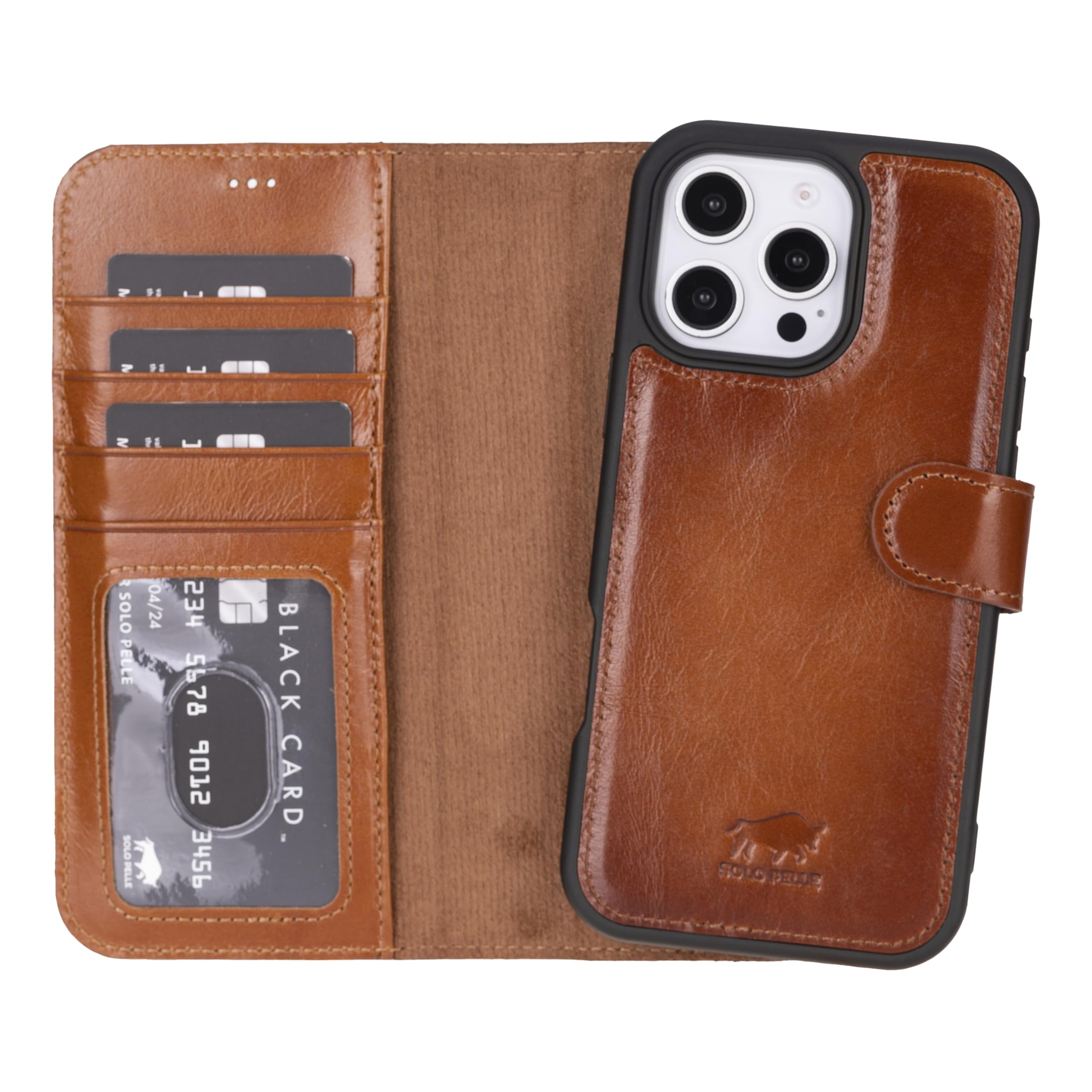 Solo Pelle Lederhülle kompatibel für iPhone 16 Pro Max in 6.9 Zoll abnehmbare Hülle (2in1) inkl. Kartenfächer geeignet für MagSafe Zubehör (Cognac Braun)