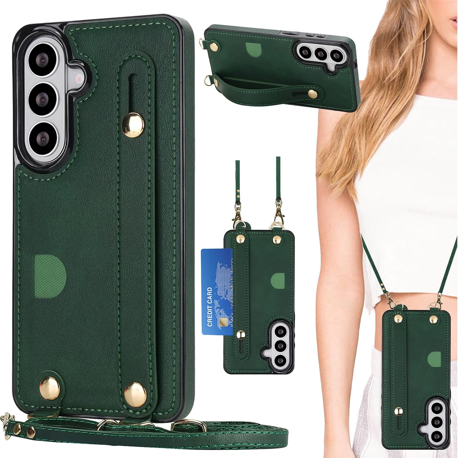 Ysnzaq for Samsung Galaxy S26 Plus Crossbody Case with Card Holder, Adjustable Lanyard Strap Leather Women Wallet Phone Cover with Wrist Strap Kickstand for Samsung S26 Plus, WD Green