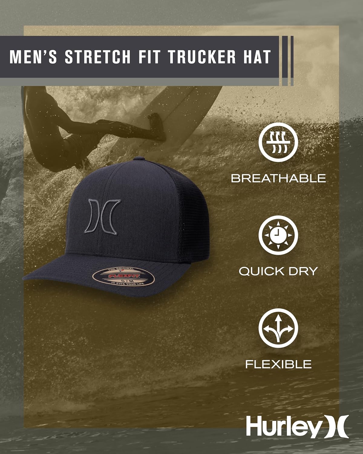 Hurley Mens Trucker Hat - Lightweight Breathable Stretch Mesh Back Curved Bill Baseball Cap with 3D Front Icon Logo - Image 2