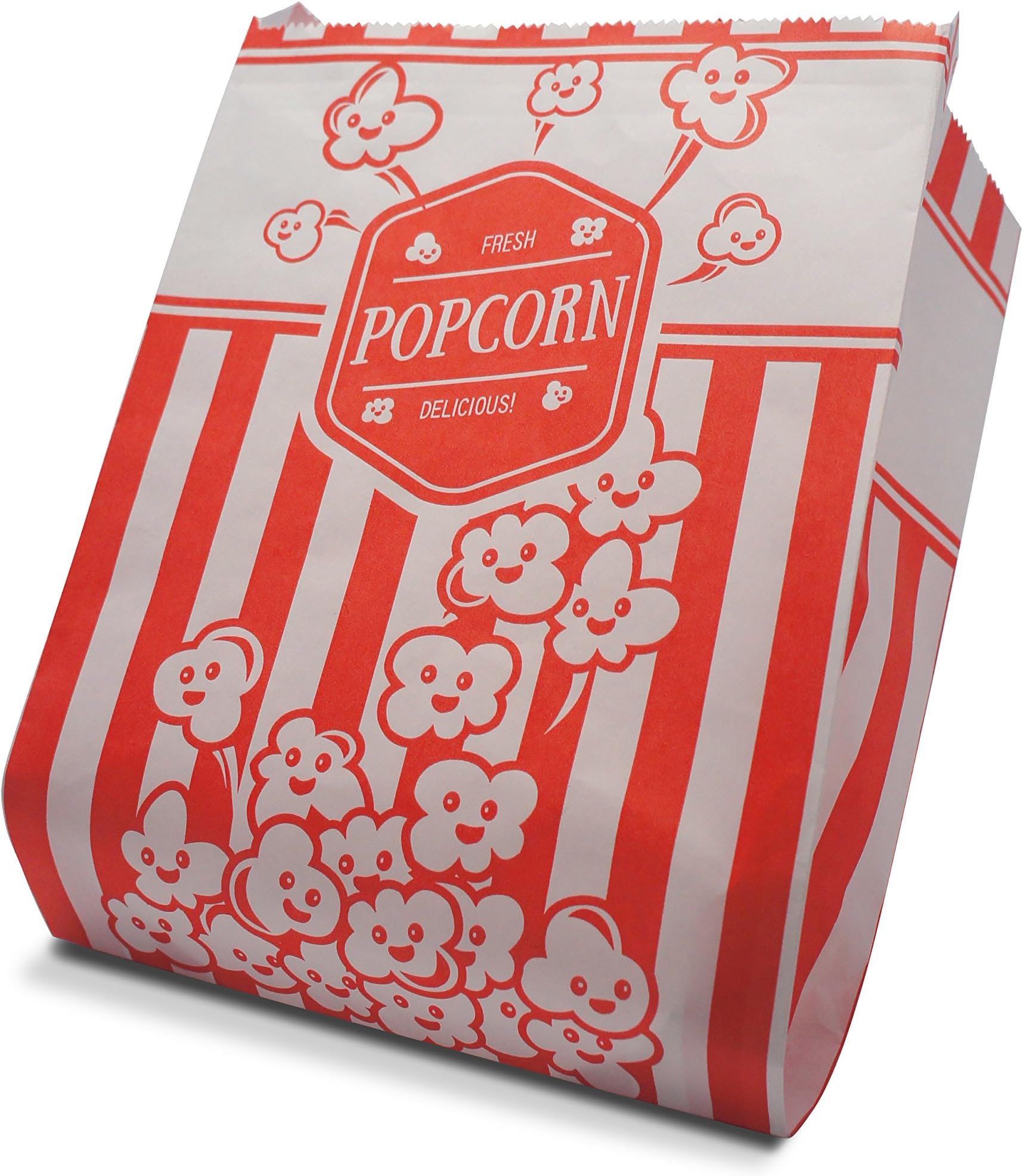 "Happy Popcorn" Design, Paper Popcorn Bags with 8' x 5' Wide Opening, Perfect for Movie Night and Carnival, 1 - 2 Ounce, Case of 200