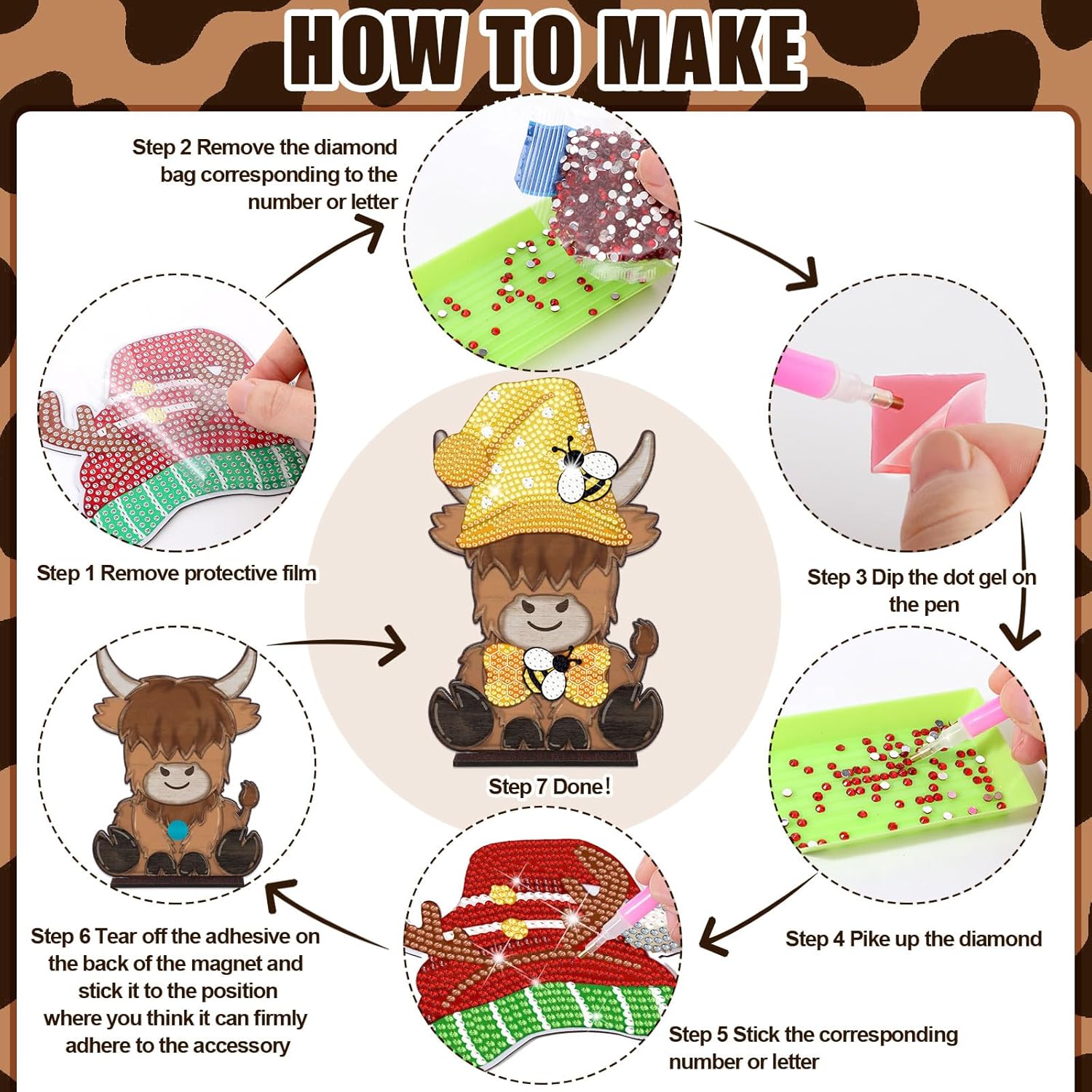 DoubleFill 42 Pcs Easter Diamond Kits St Patricks Day Interchangeable Wooden Table Decorations DIY Holiday Easter Party Seasonal Tiered Tray Art Decor Diamond Painting Magnets(Highland Cow)