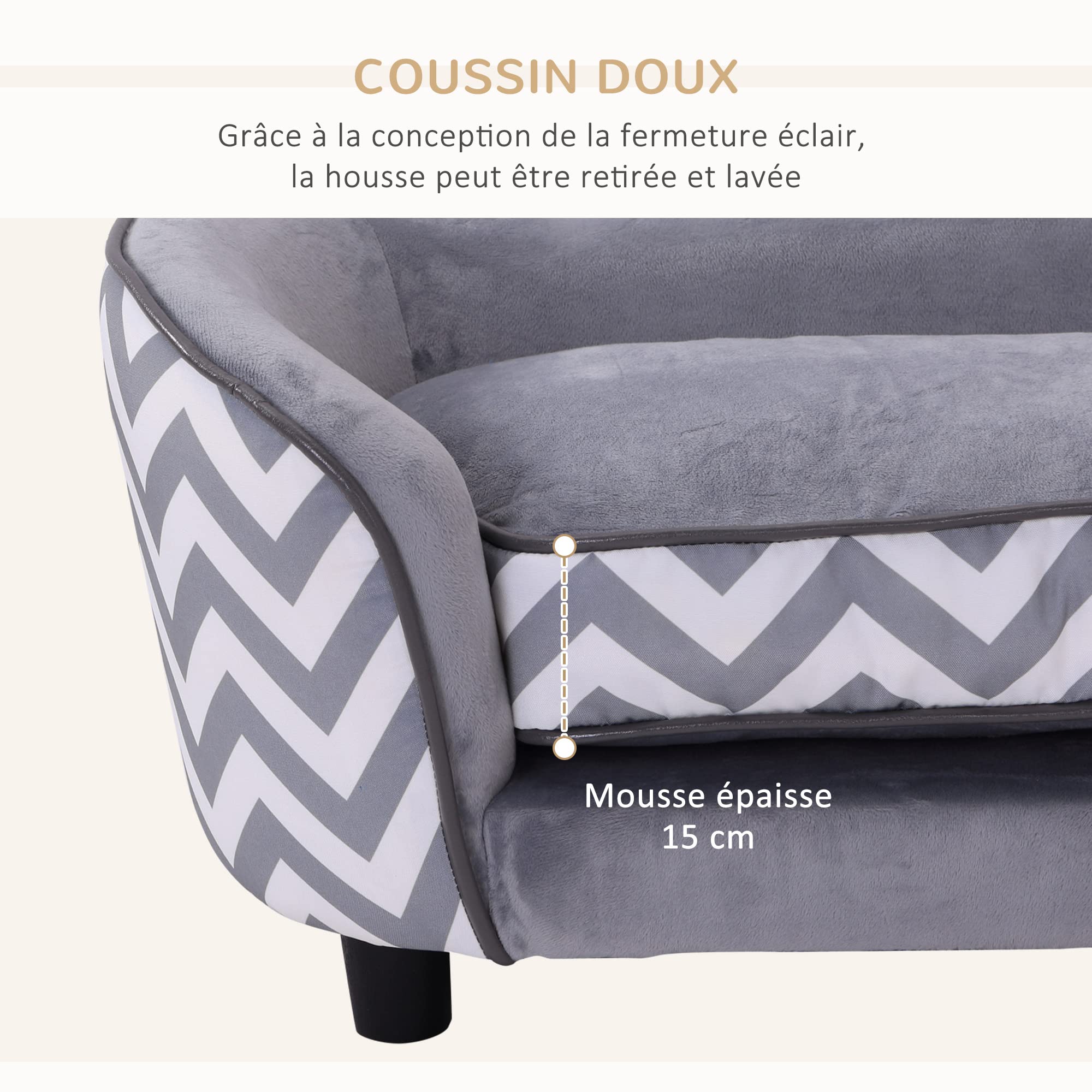 PawHut Canapé Chien Chat sur Pied Style Graphique Contemporain Coussin Amovible Lavable Grand Confort + Pochette Rangement 68,5L x 40,5l x 40,5H cm Gris Blanc