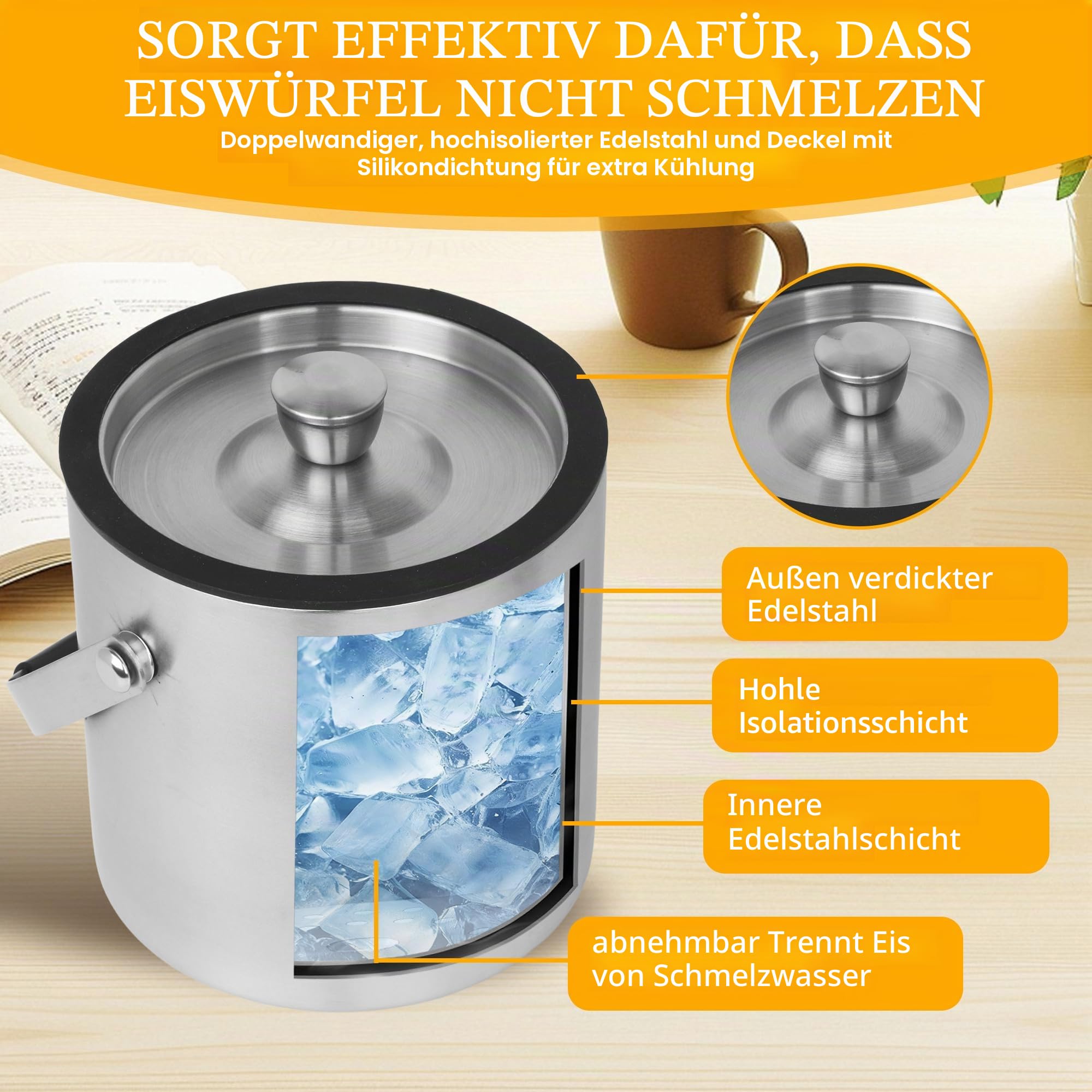 1.6 L Eisbehälter, Eisbehälter aus Edelstahl 1.6 L, Edelstahl-Eiskübel, doppelwandig, doppelwandiger isolierter Eisbehälter für Eiswürfel, ideal zum Kühlen von Bier, Champagner, Wein und Obst (1.6L)
