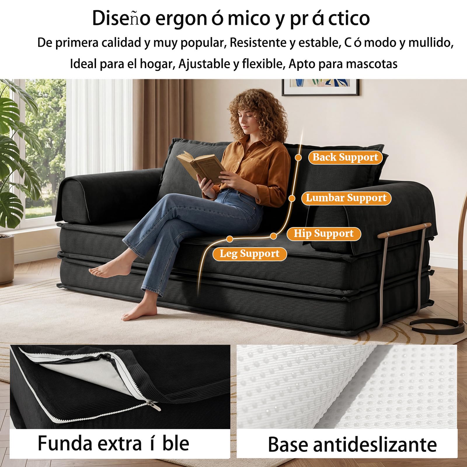 Vipbear 200cm Sofá Cama, Modular Desmontable Plegable 5 en 1, de Pana de Primera Calidad, Sofá Cama 3 Plazas Ideal para Espacios Reducidos, Negro