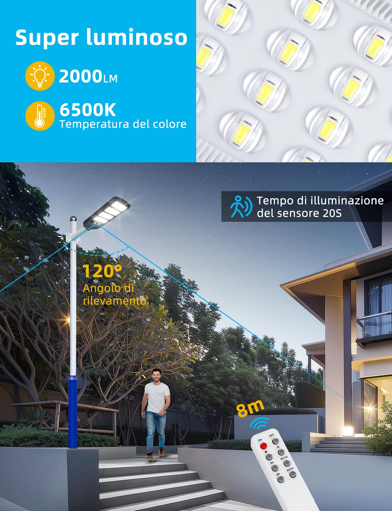 Aigostar- 2Pz 200W Lampione Solare da Esterno con Sensore di Movimento, Telecomando, Impermeabile IP65, 2000LM Luce Fredda 6500K, Lampioni Solari LED per Giardino, Cortile, Strada,Non Include il Palo